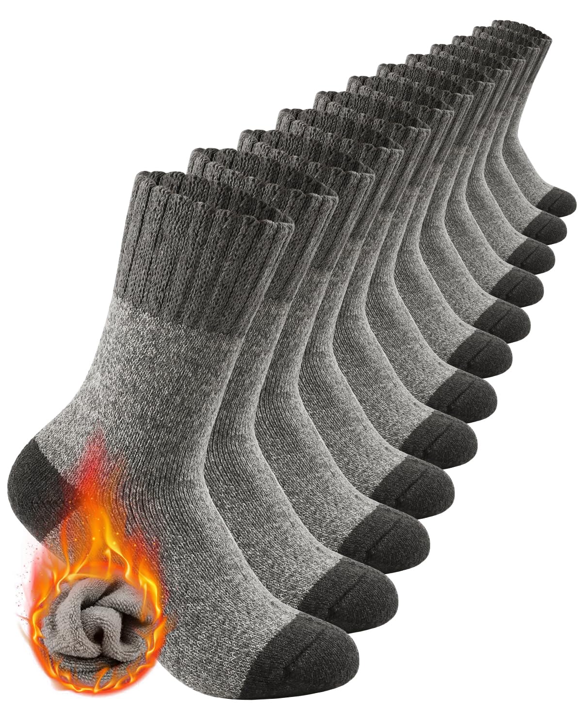 ATTIQOZI 6 Pairs Men's Merino Wool Crew Socks - Thermal Winter Warm Breathable Cozy Cold Weather Hiking Socks for Men 6 Gray 12-15