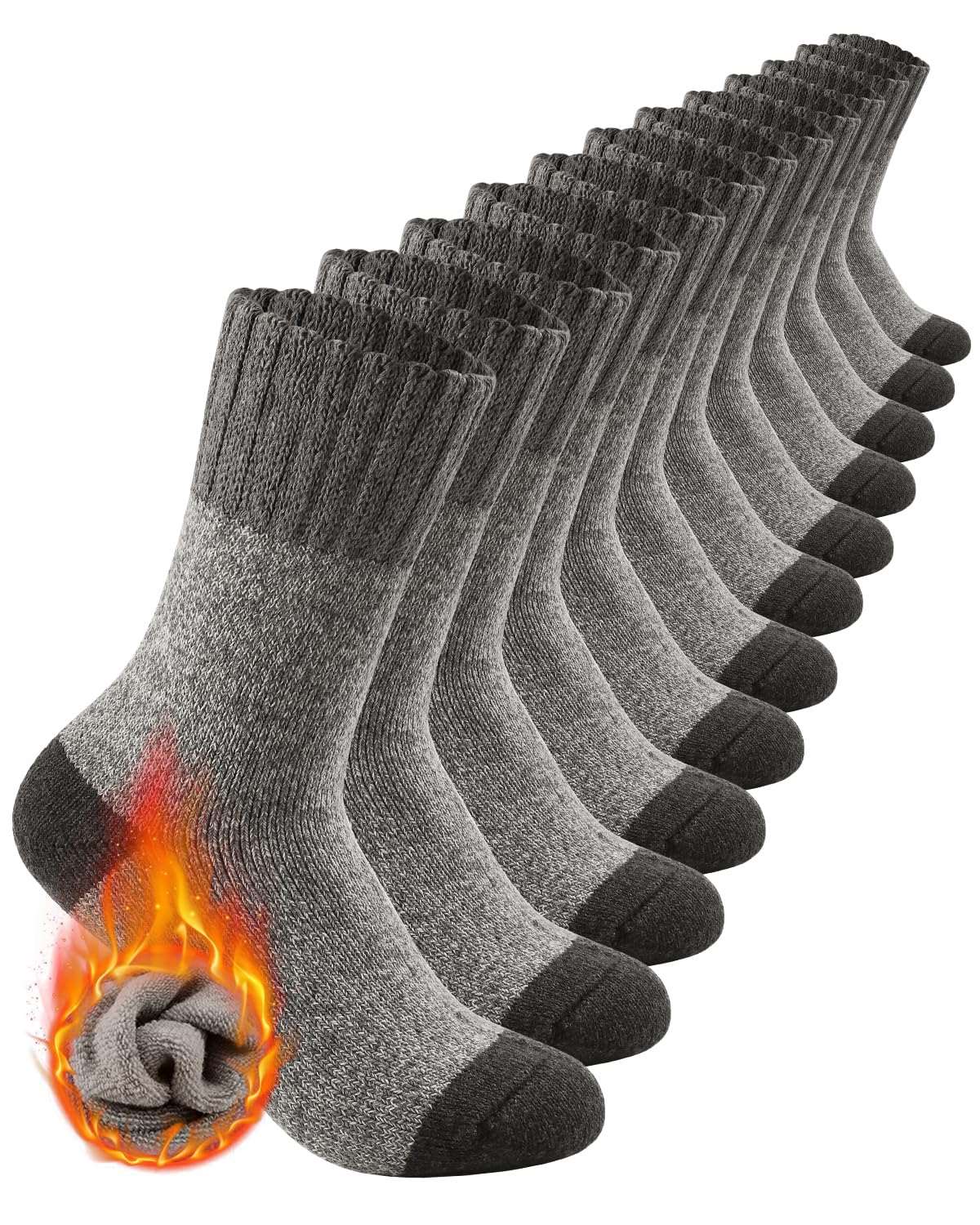 ATTIQOZI 6 Pairs Men's Merino Wool Crew Socks - Thermal Winter Warm Breathable Cozy Cold Weather Hiking Socks for Men 6 Gray 12-15