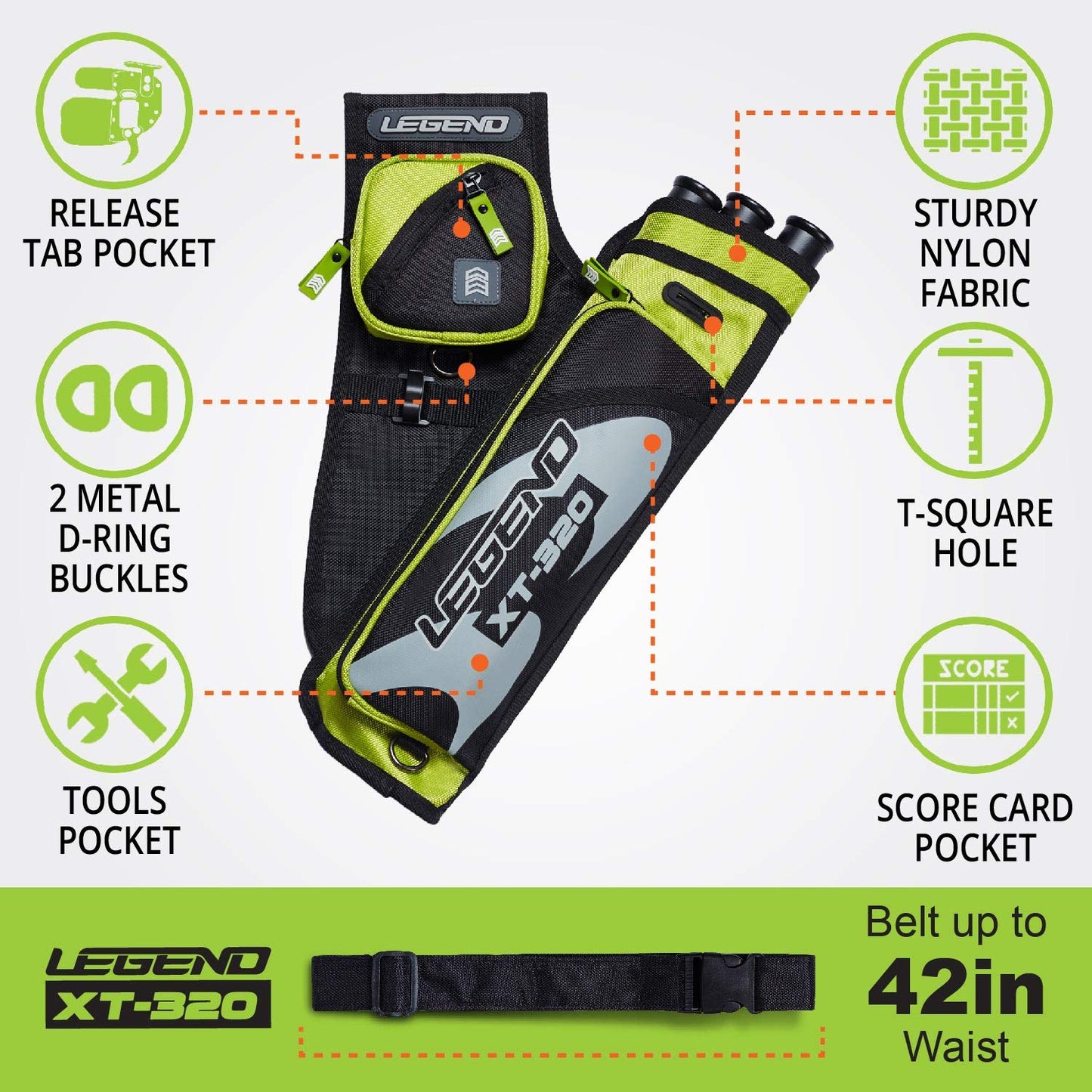 Legend XT320 Archery Quivers - Left Handed Nylon Hip Quivers with 3 Arrow Tube Cases for Target Shooting - Adjustable Waist Belt, T-Slot, Compartments for Accessories, Tools, Release Tab - Green
