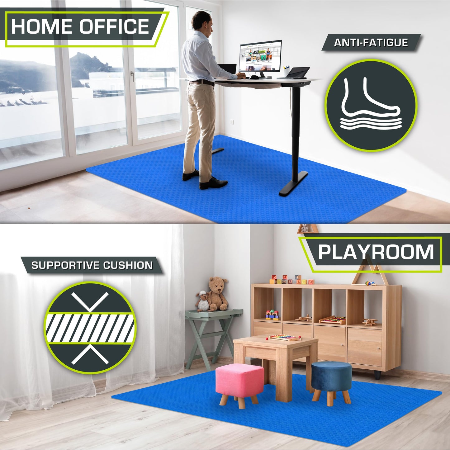ProsourceFit Exercise Puzzle Mat 1-in, Checkered EVA Foam Floor Tiles w/Non-Slip Texture, Gym Mat w/Interlocking Foam Tiles for Adjustable Surface, Shock Absorbing, Waterproof Gym Flooring, Blue
