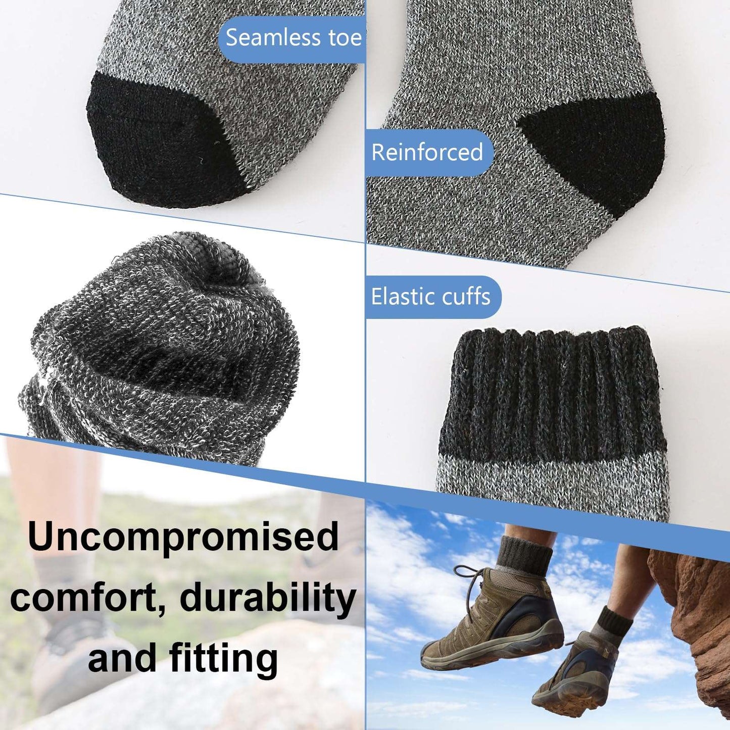 ATTIQOZI 6 Pairs Men's Merino Wool Crew Socks - Thermal Winter Warm Breathable Cozy Cold Weather Hiking Socks for Men 6 Gray 12-15
