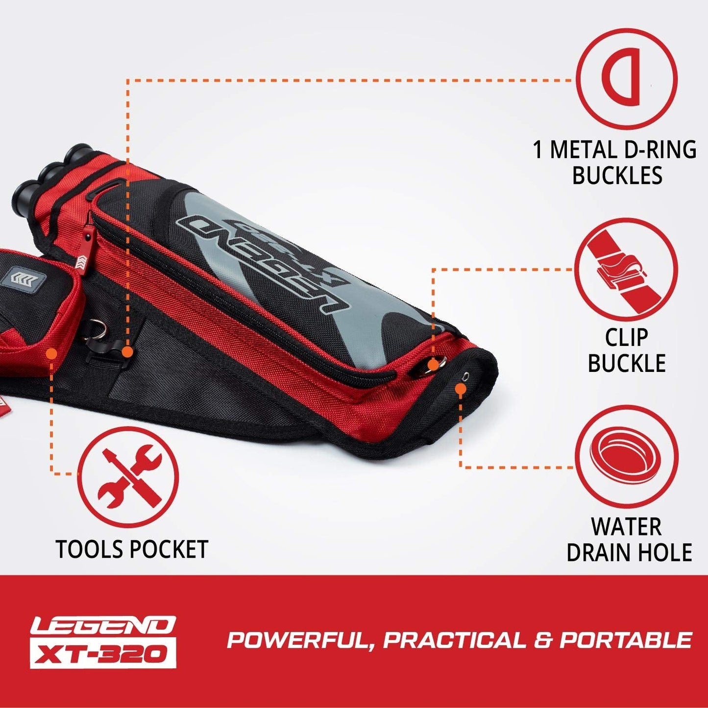 Legend XT320 Archery Quivers - Left Handed Nylon Hip Quivers with 3 Arrow Tube Cases for Target Shooting - Adjustable Waist Belt, T-Slot, Compartments for Accessories, Tools, Release Tab - Red