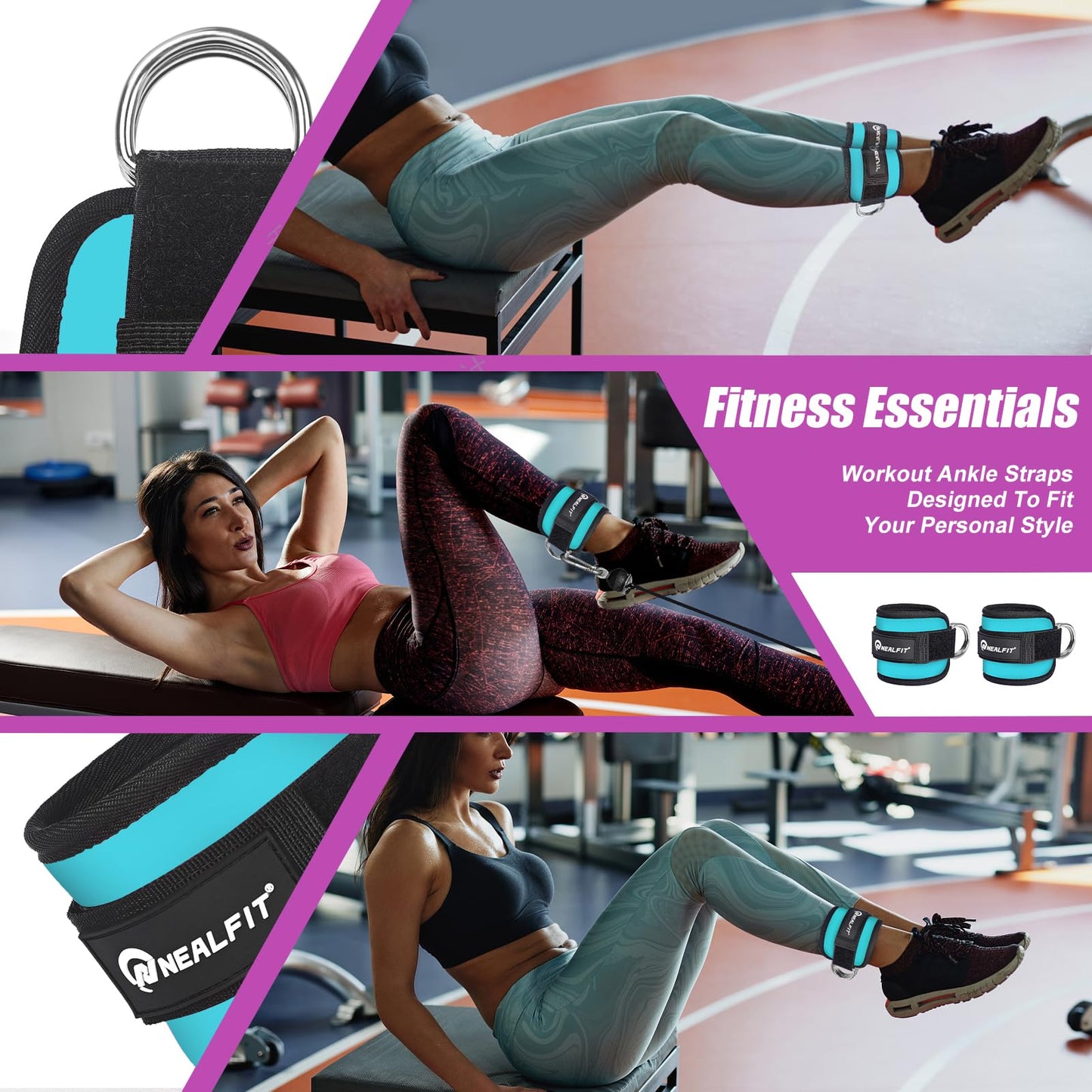 NEALFIT Ankle Strap for Cable Machine, Gym Ankle Cuff for Kickbacks, Leg Extensions, Glute Workouts, Booty Hip Abductors Exercise for Women and Men (Pair, Blue)