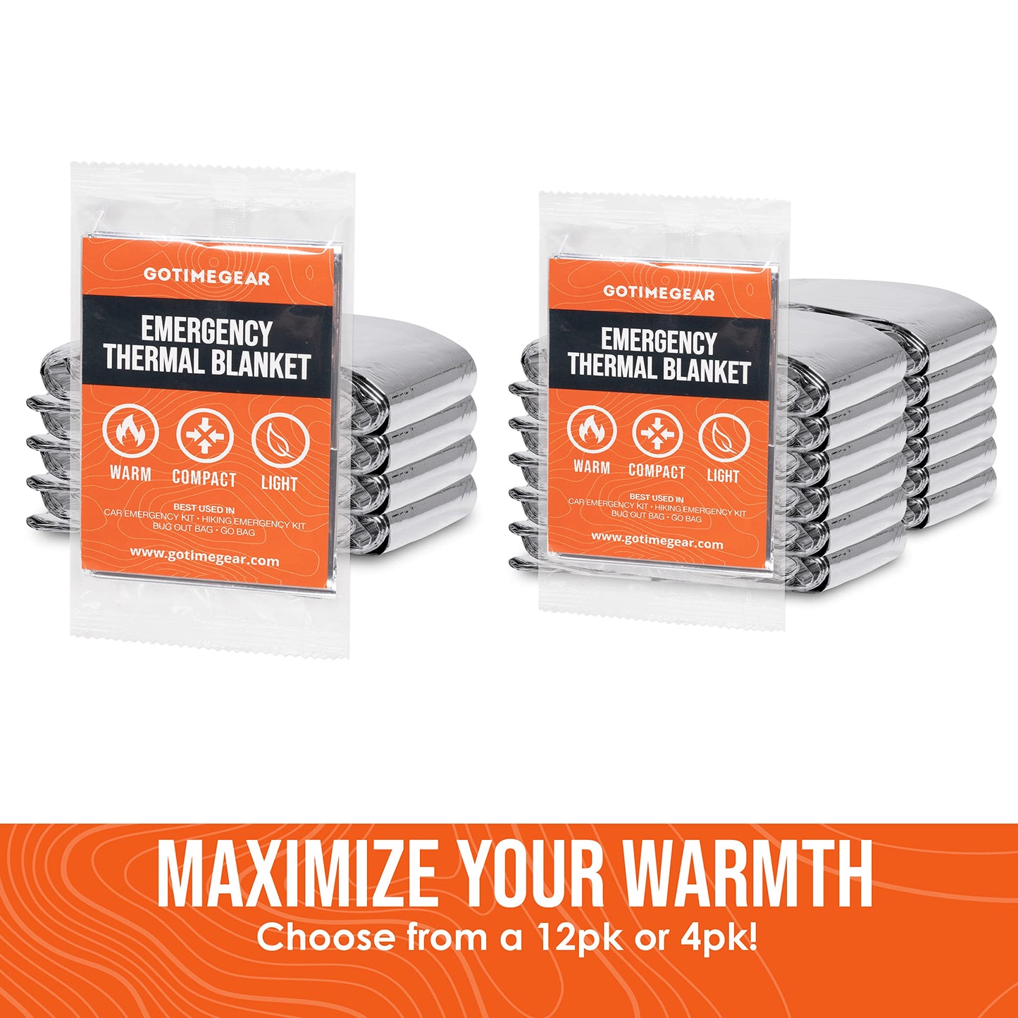 Go Time Gear Emergency Blankets for Survival (12 Pack), Mylar Emergency Survival Gear for Home, Camping, Hiking & Outdoor Survival Kits, Stay Warm, Dry, & Safe with Our Compact Space Blanket