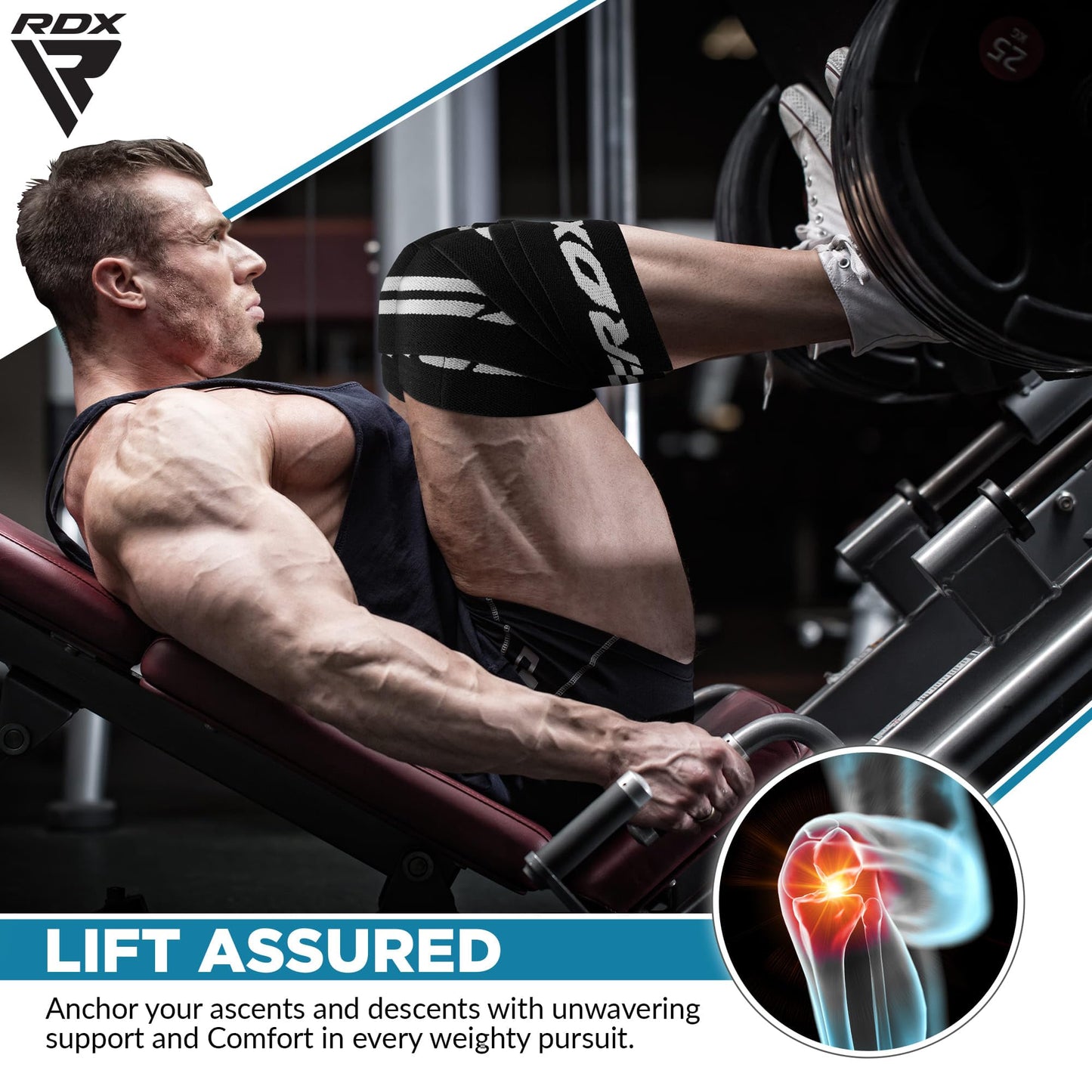 RDX Knee Wraps Pair Weightlifting, 78” Elasticated Straps for Gym Workout Fitness Squats Powerlifting Leg Press Bodybuilding