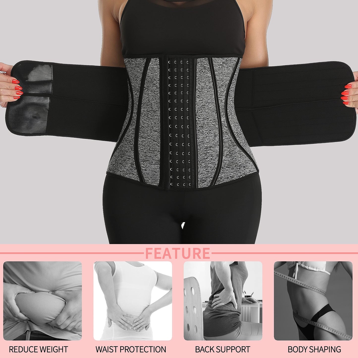 KIWI RATA Neoprene Sauna Waist Trainer Corset Sweat Belt with 2 Straps for Women X-bones Compression Workout Fitness Double Trimmer Belts,#3 Hooks Grey,X-Small