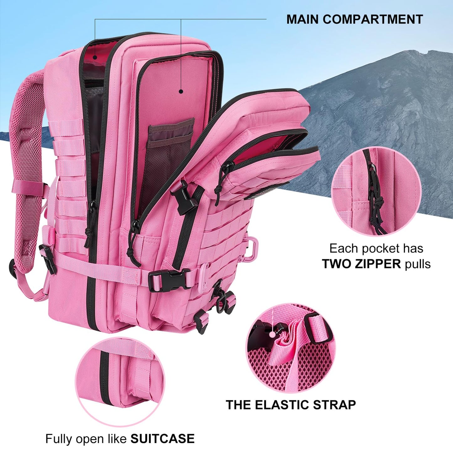 Hannibal Tactical MOLLE Assault Backpack, Tactical Backpack Military Army Camping Rucksack, 3-Day Pack Trip w/USA Flag Patch, D-Rings, Pink