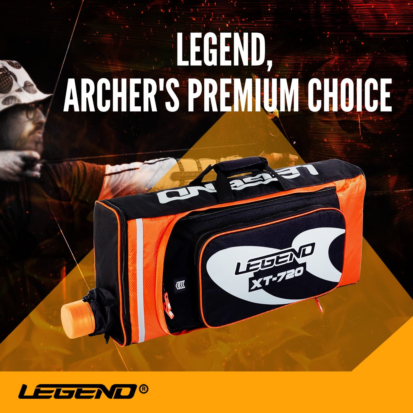 Legend - XT720 Recurve Bow Case (Orange) | Backpack Style Bag with Heavy Duty Foam Padding for Portable Protection of Recurve Bows & Risers up to 27" | Telescopic Arrow Tube Extends Up to 35"