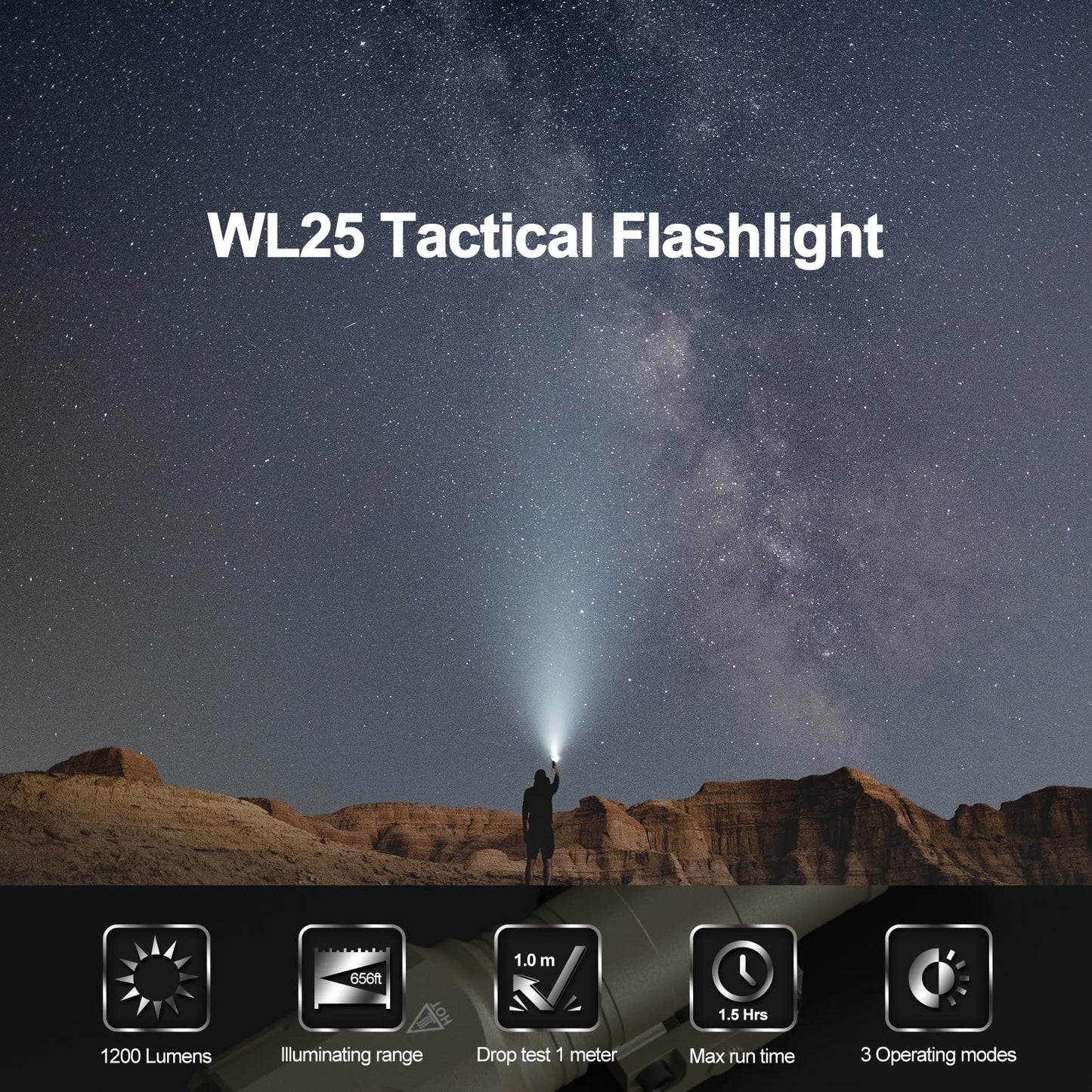 Feyachi 1200 Lumen Tactical Flashlight Matte Black LED Weapon Light with Pressure Switch, 3 Modes - High/Low/Strobe, Fixed Picatinny Flashlight Mount (Khaki)