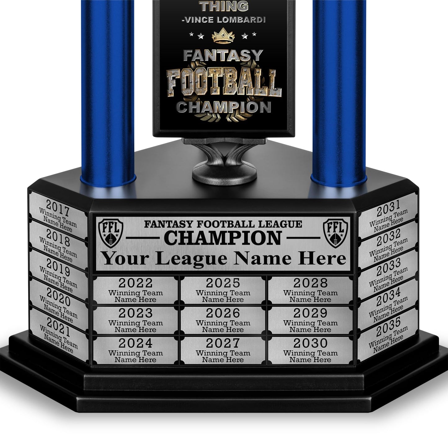 TrophySmack Perpetual Fantasy Football Trophy - Customizable Championship Trophy Award Winner | Free Engraving up to 19 Years Past Winners, 26 Inch Tall (Blue Black)