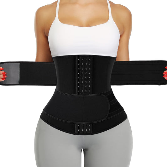 KIWI RATA Neoprene Sauna Waist Trainer Corset Sweat Belt with 2 Straps for Women Plus Size Compression Gym Workout Trimmer,#2 Hooks Black,X-Small
