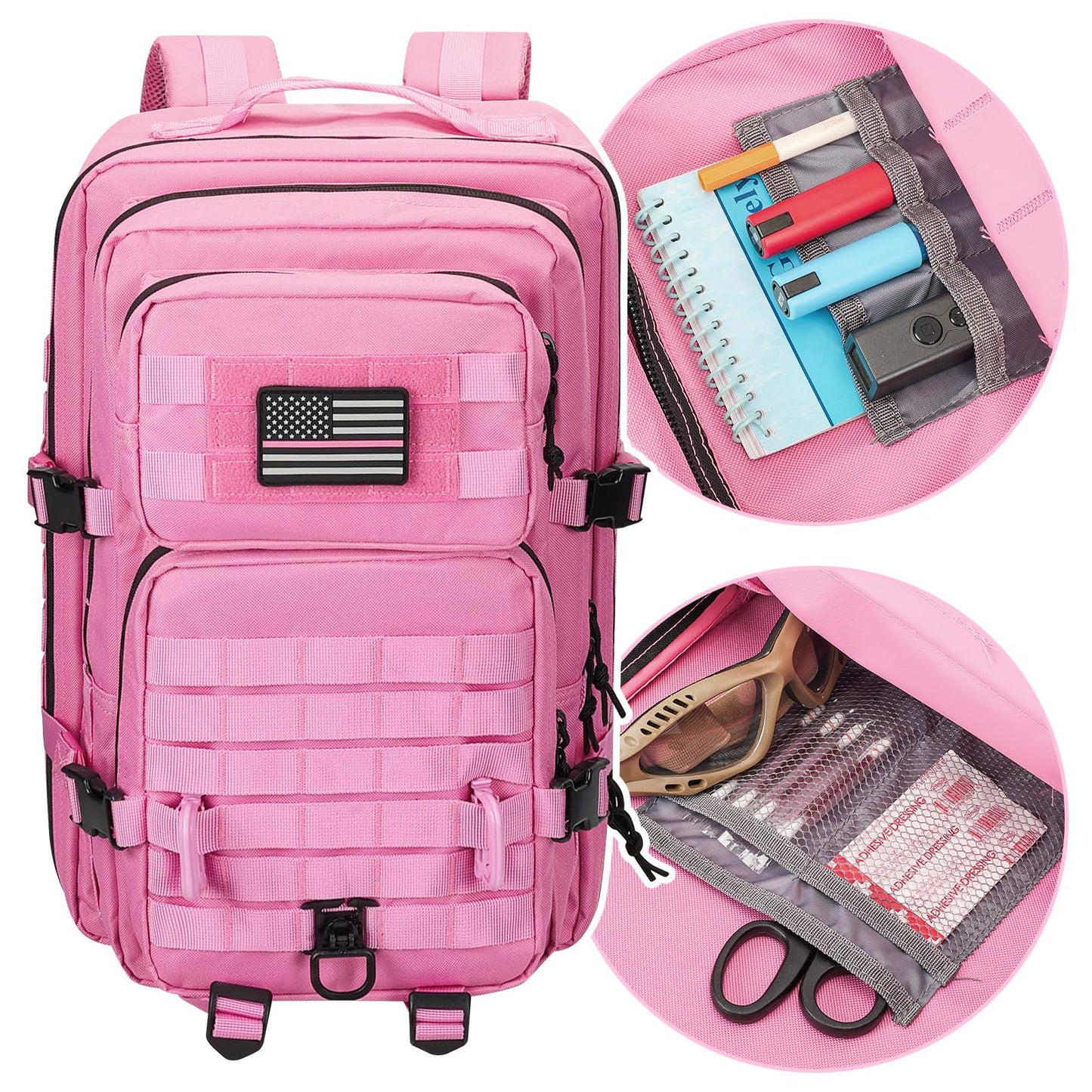 Hannibal Tactical MOLLE Assault Backpack, Tactical Backpack Military Army Camping Rucksack, 3-Day Pack Trip w/USA Flag Patch, D-Rings, Pink