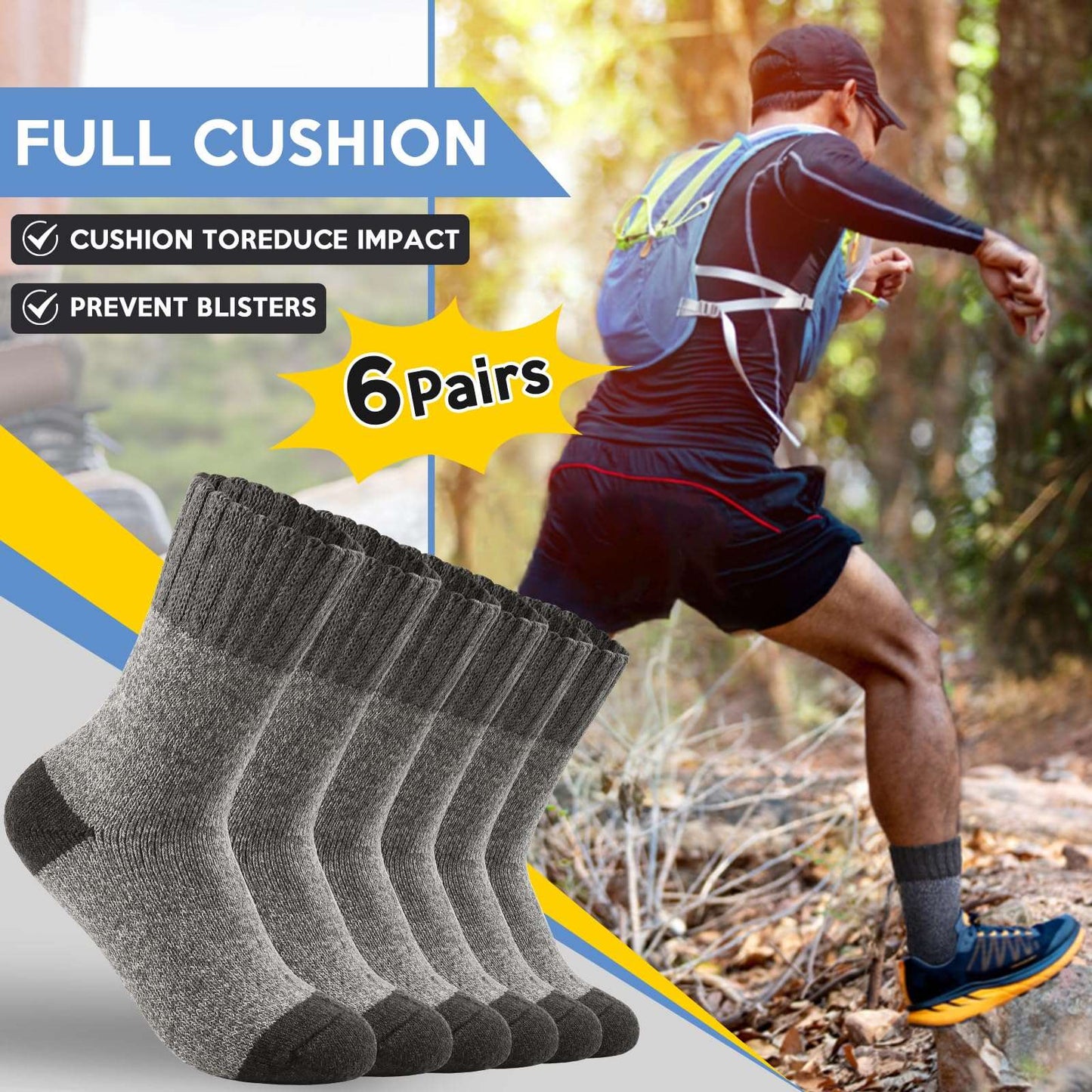 ATTIQOZI 6 Pairs Men's Merino Wool Crew Socks - Thermal Winter Warm Breathable Cozy Cold Weather Hiking Socks for Men 6 Gray 12-15
