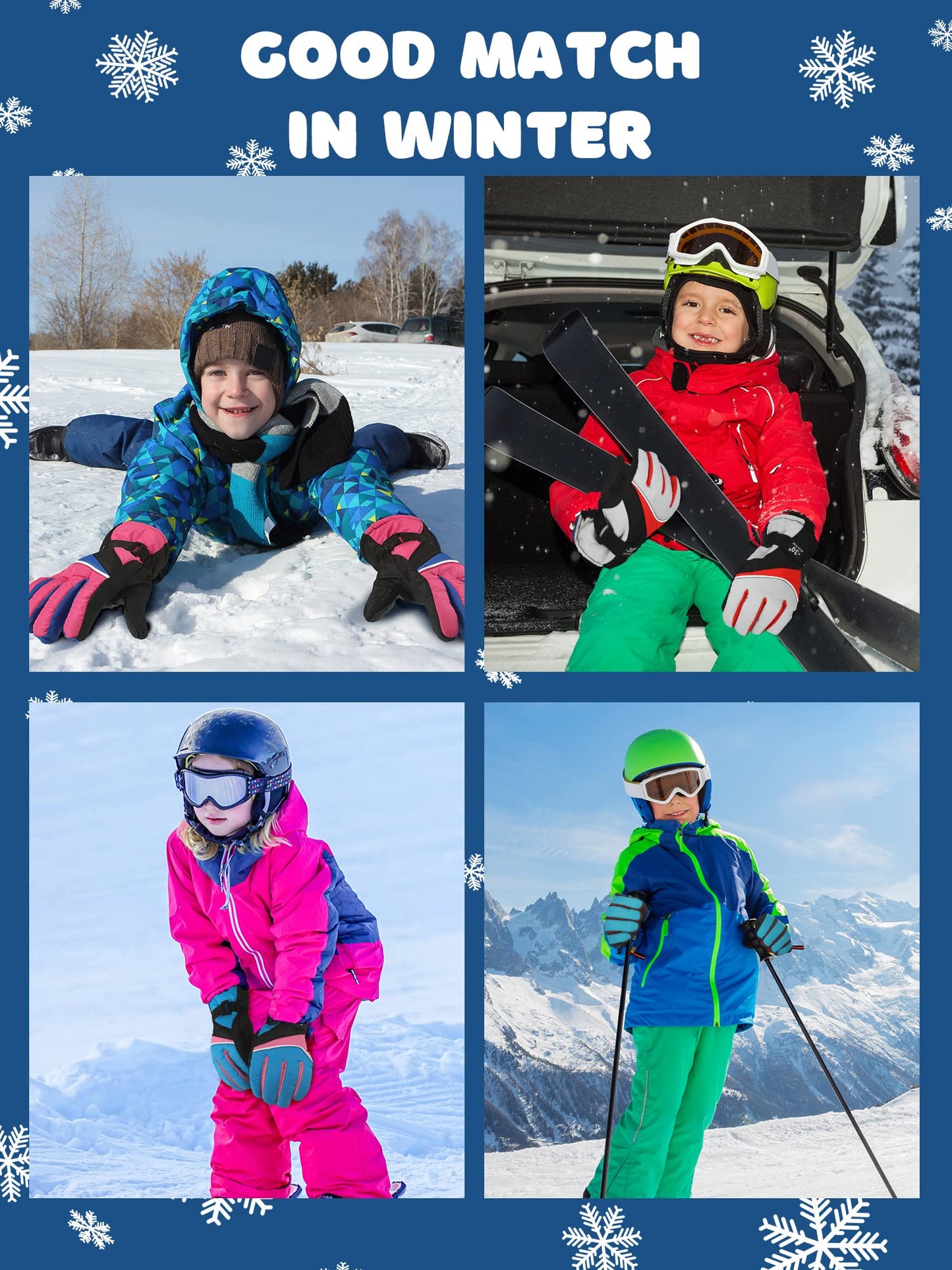 Newcotte Kids Winter Snow Ski Waterproof Gloves Warm Windproof Outdoor Sports Gloves Anti Water Ice Skating Snowboard Gloves for Girls Boys(Vivid Color, 6 Pairs)