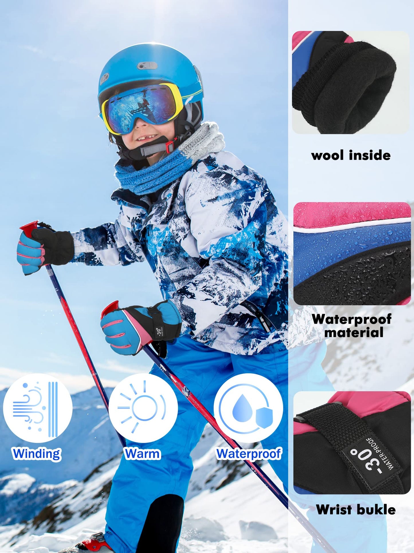 Newcotte Kids Winter Snow Ski Waterproof Gloves Warm Windproof Outdoor Sports Gloves Anti Water Ice Skating Snowboard Gloves for Girls Boys(Vivid Color, 6 Pairs)