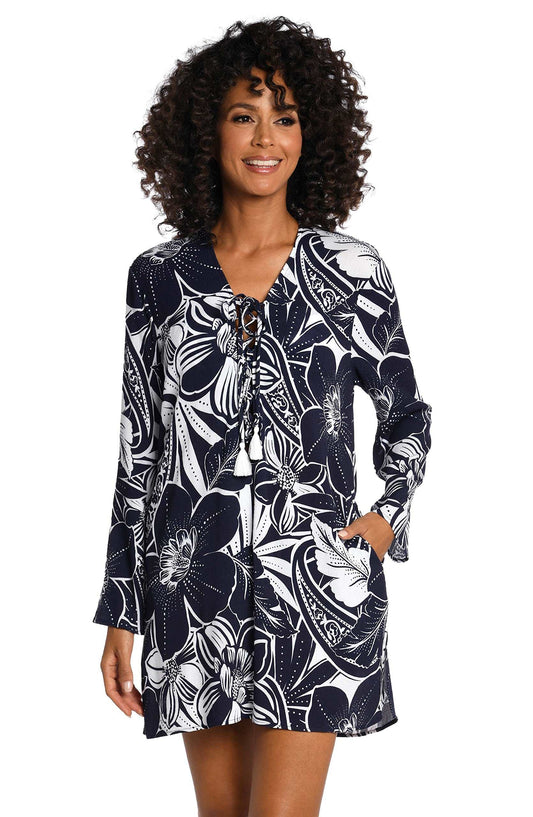 La Blanca Women's Lace Up Tunic Swimsuit Cover Up, Indigo//at The Playa, XL