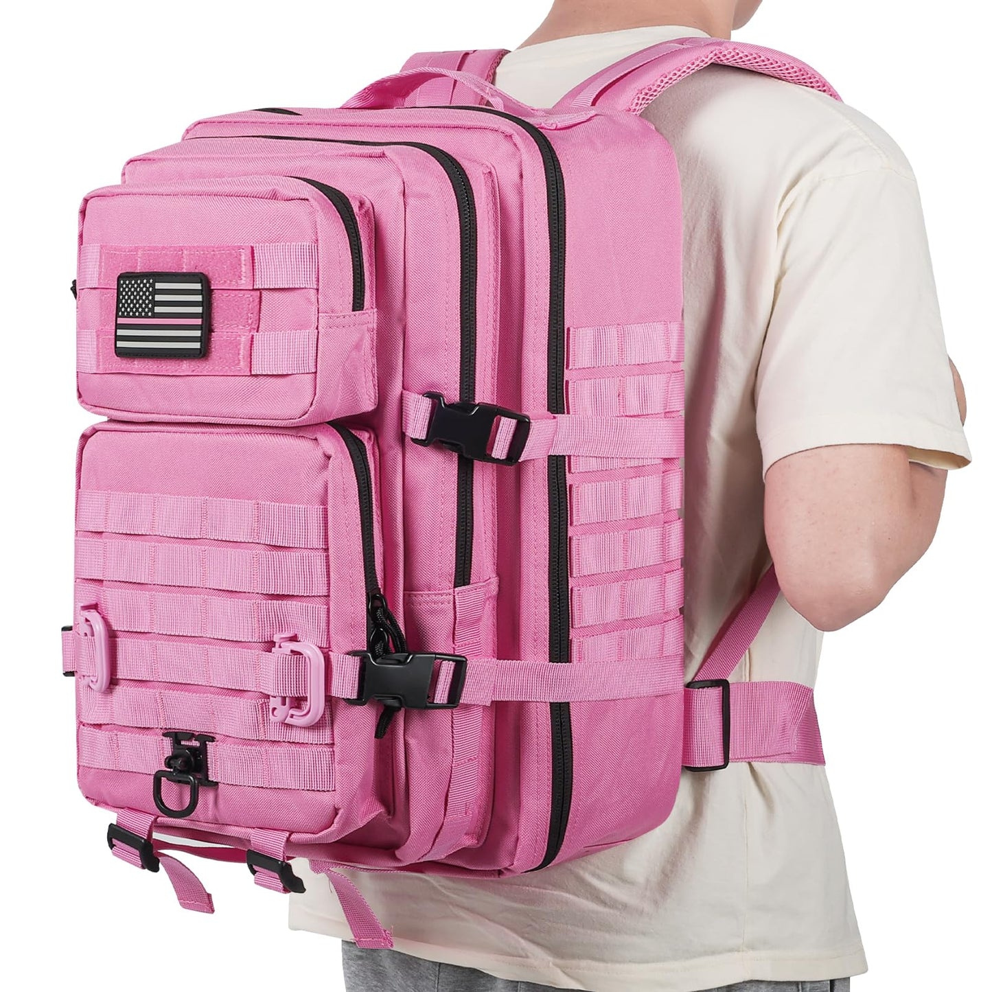 Hannibal Tactical MOLLE Assault Backpack, Tactical Backpack Military Army Camping Rucksack, 3-Day Pack Trip w/USA Flag Patch, D-Rings, Pink