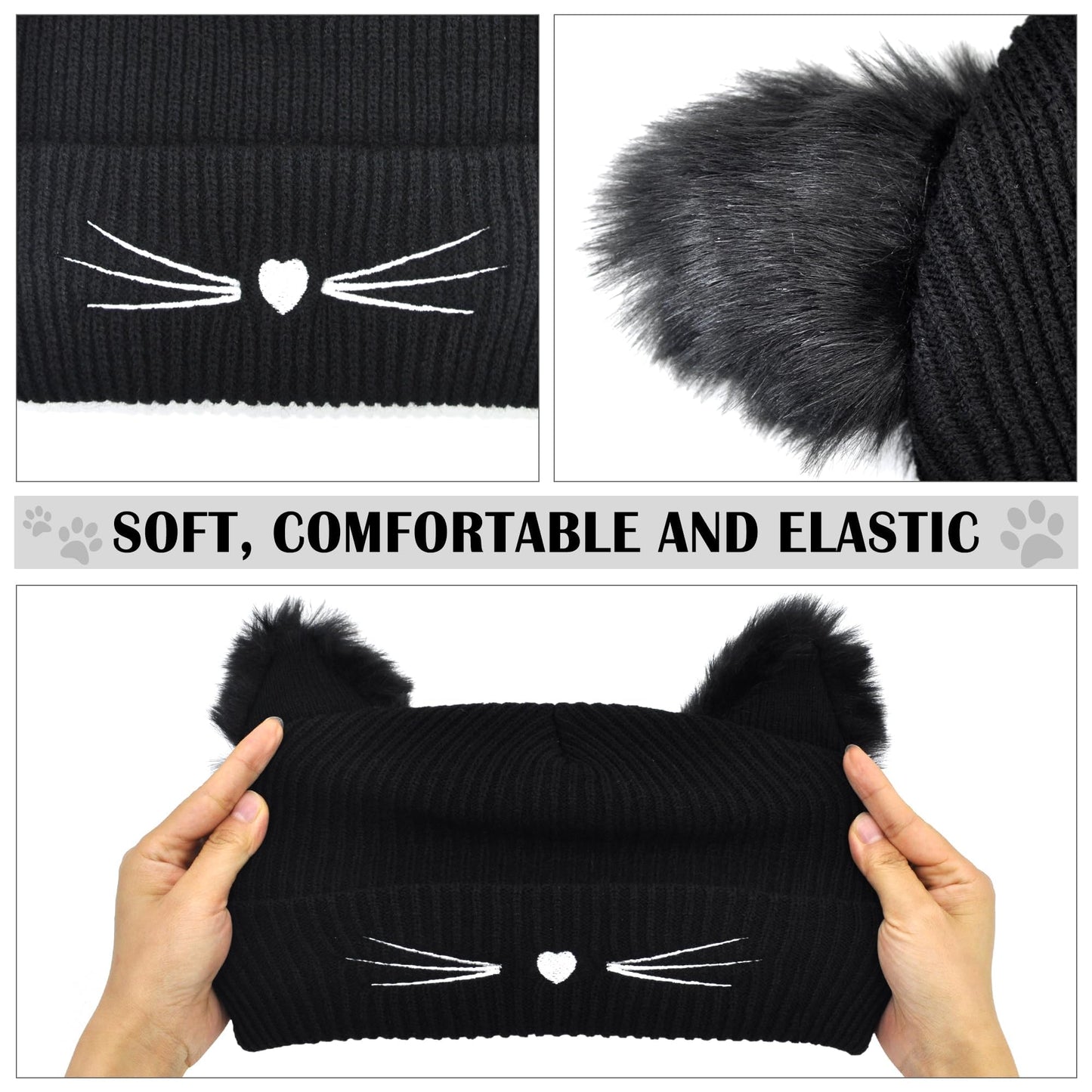 Women's Cat Beanie Crochet Hats with Ears Knitted Black Cat Hats Winter Cute Y2k Cat Ears Beanie for Girls Adults Kids