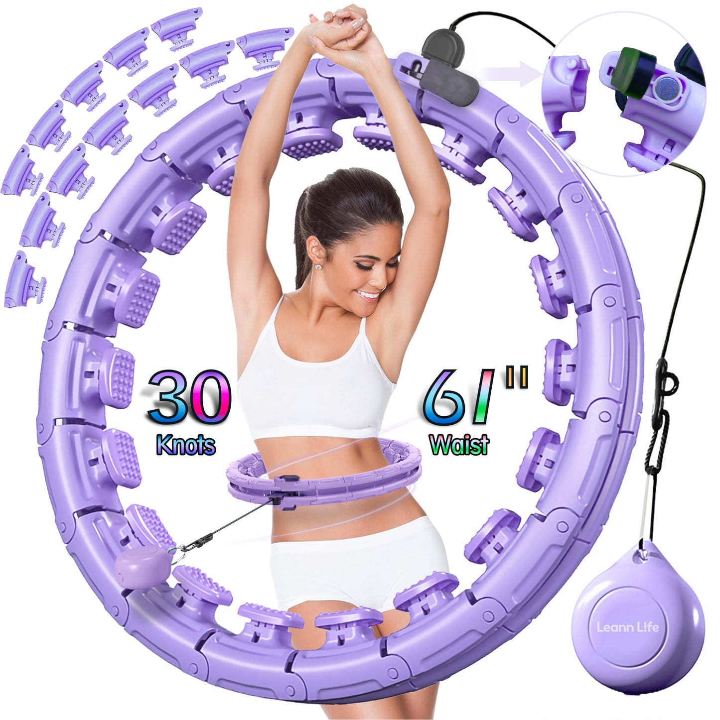 Leann L!fe U1-30 Knots Waist 56”, Magnetic Lock Smart Weighted Hula Hoop for Adults Weight Loss, Infinity Hoop Plus Size, Children Adult Home Outdoors, Fitness Exercise, Abdominal Toner,Light Purple