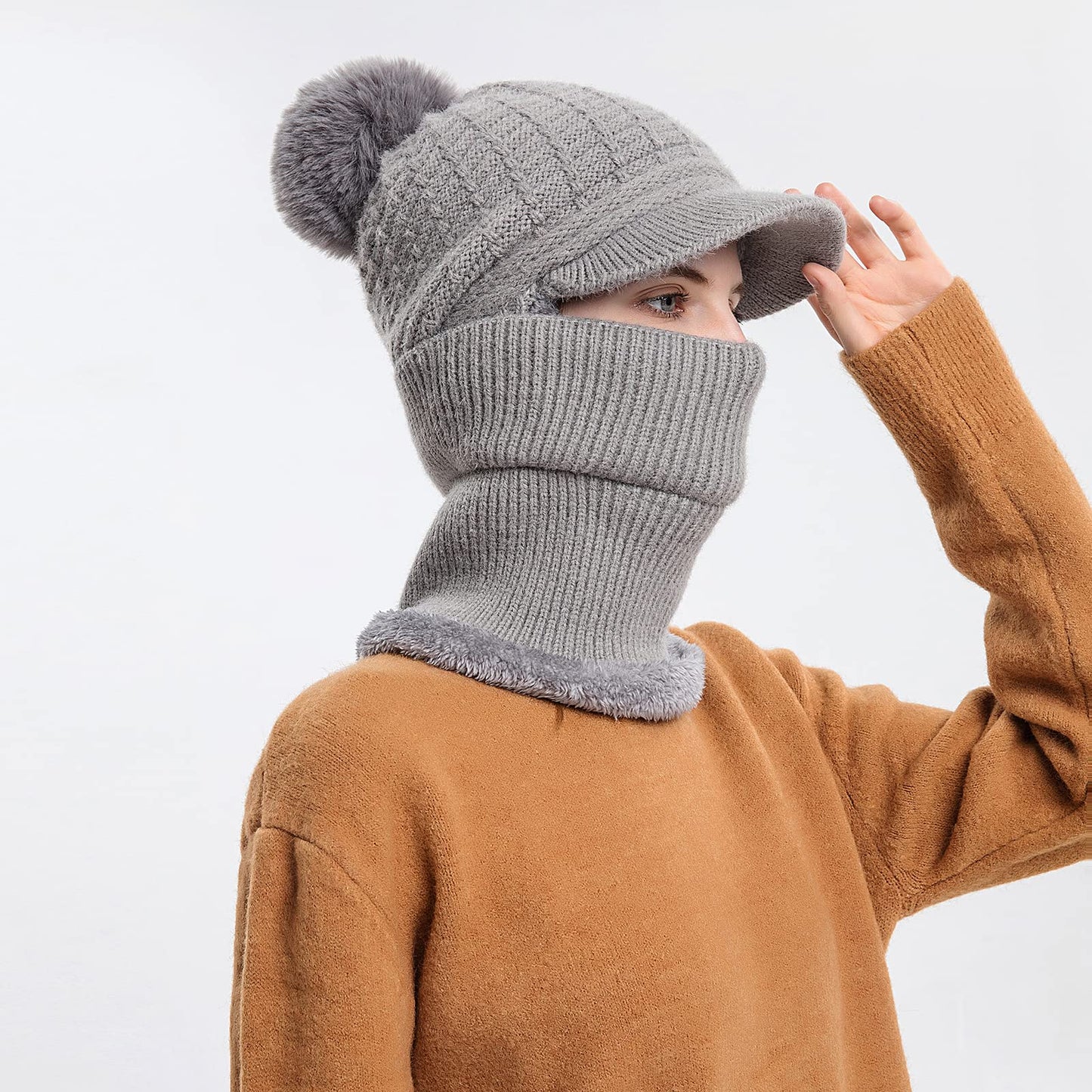 Fleece Lined Womens Beanie Knit Hat,Winter Scarf Mask Set for Women,Girls Snow Caps Earmuffs Hats with Pom (Grey)