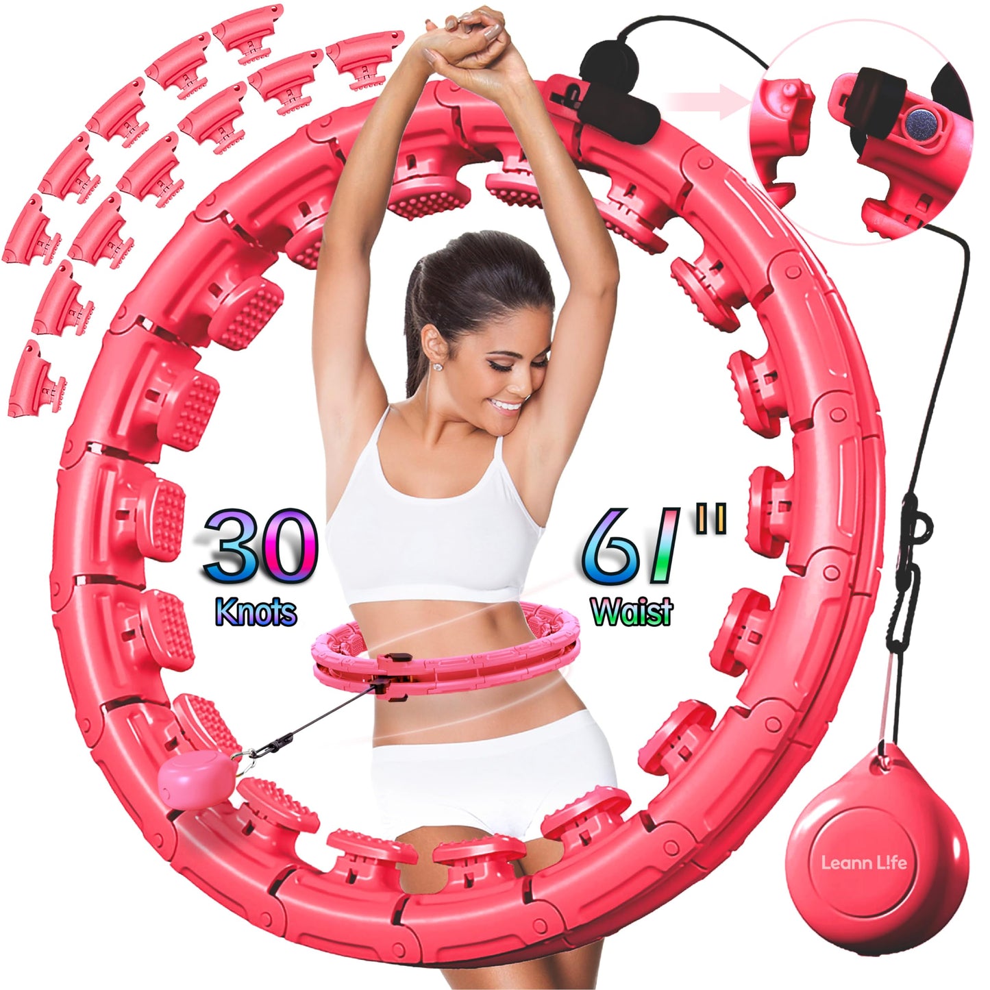 Leann L!fe U1-30 Knots Waist 56”, Magnetic Lock Smart Weighted Hula Hoop for Adults Weight Loss, Infinity Hoop Plus Size, Children Adult Home Outdoors, Fitness Exercise, Abdominal Toner,Pink