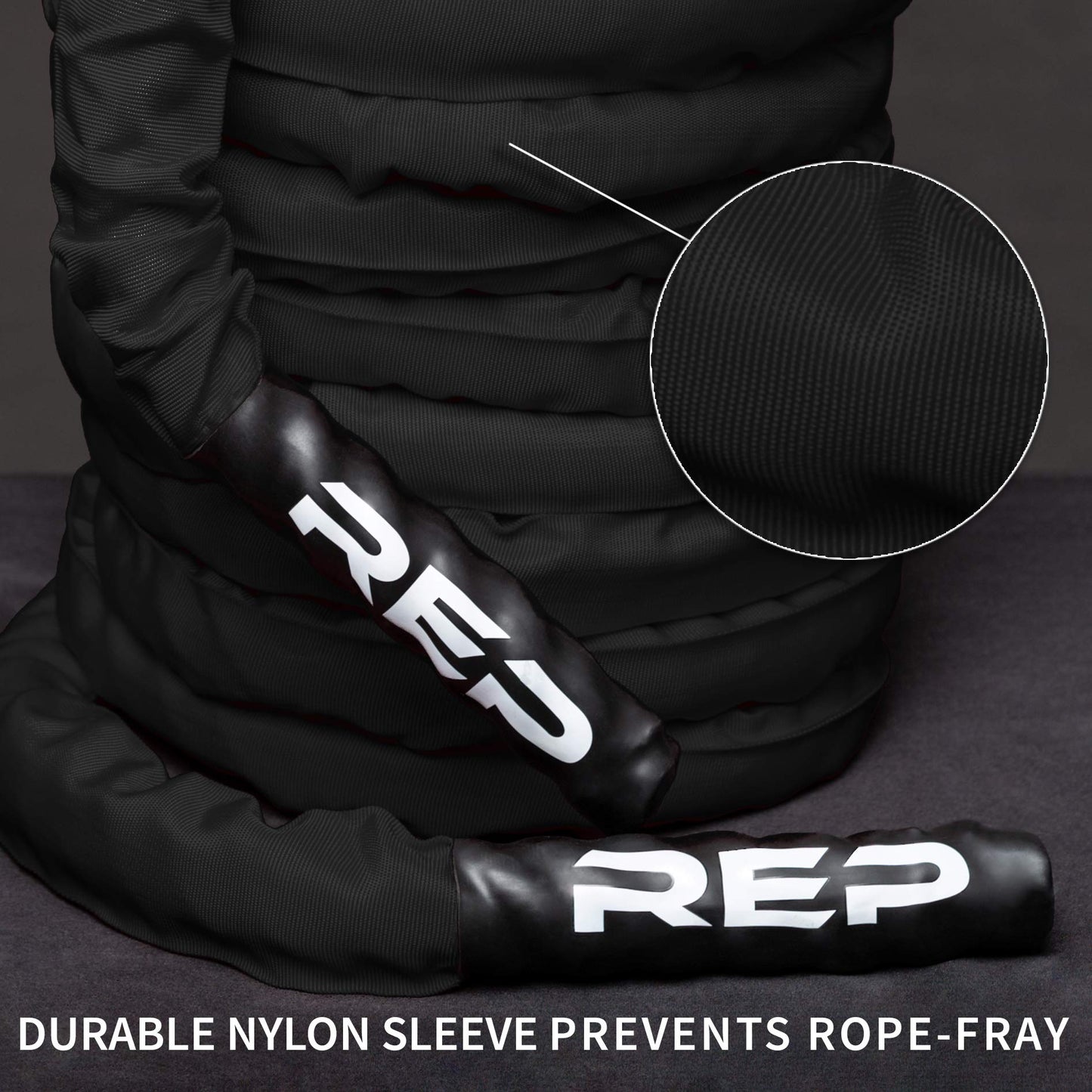 REP Battle Ropes - PolyDacron Battle Rope for Strength and Conditioning Workouts – 1.5" and 2" Diameter, 30ft, 40ft, 50ft Lengths with Optional Cover Sleeve (Black, 1.5 inch x 30 ft)