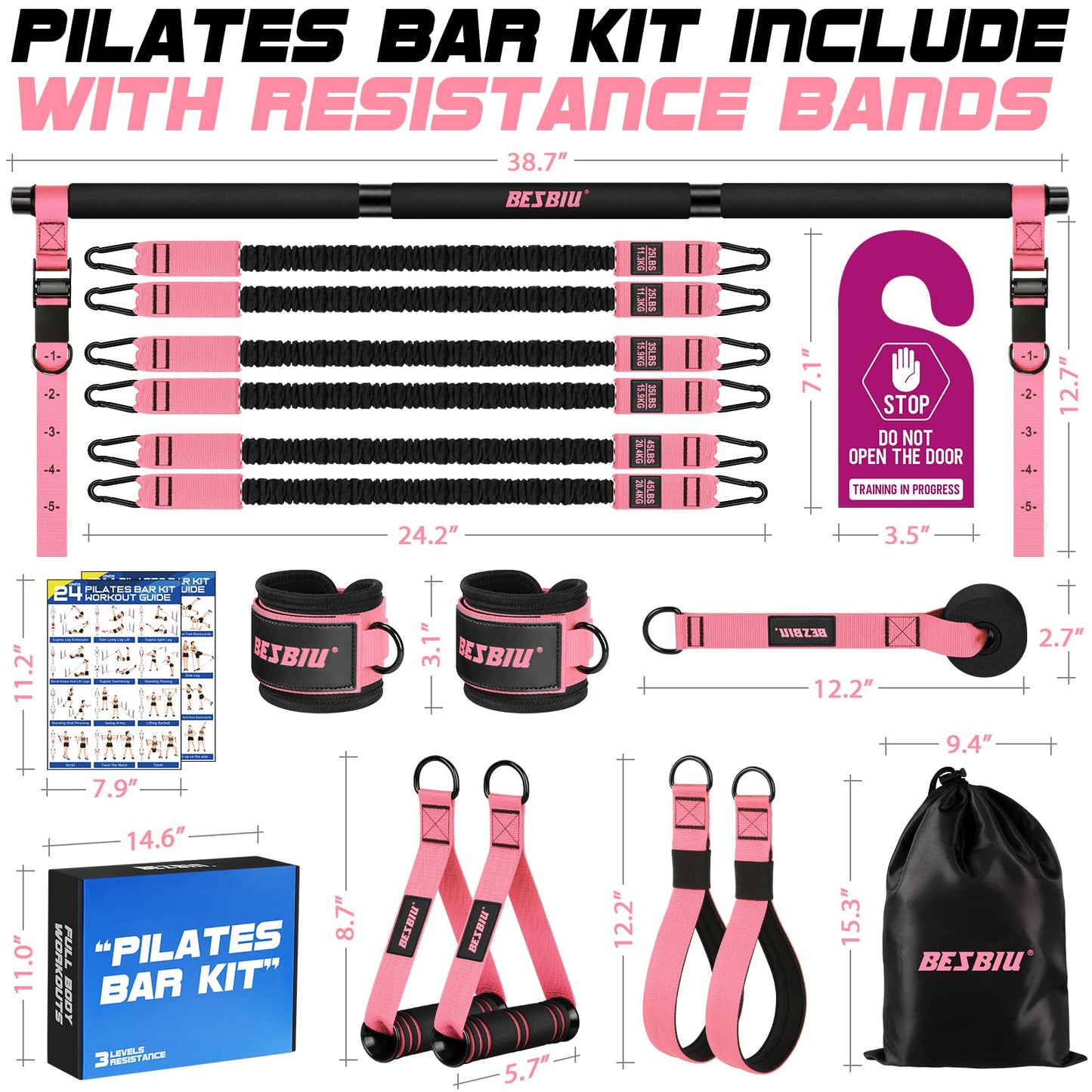 Pilates Bar Kit with Resistance Bands for Working Out, 210lbs Heavy Resistance Bands with Handles, Pilates Equipment with Resistance Band Bar for Men Women, Home Gym Full Body Workout Equipment