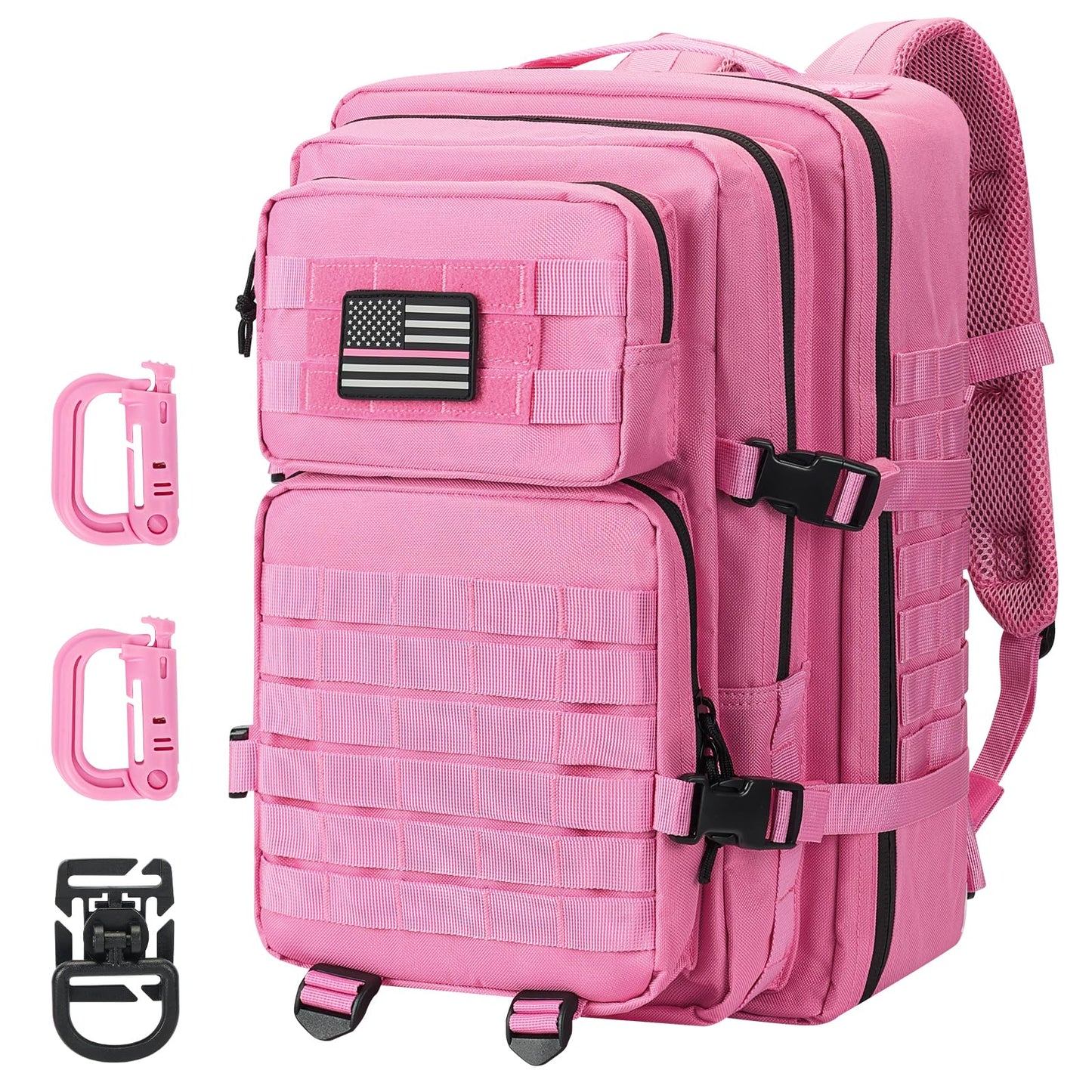Hannibal Tactical MOLLE Assault Backpack, Tactical Backpack Military Army Camping Rucksack, 3-Day Pack Trip w/USA Flag Patch, D-Rings, Pink