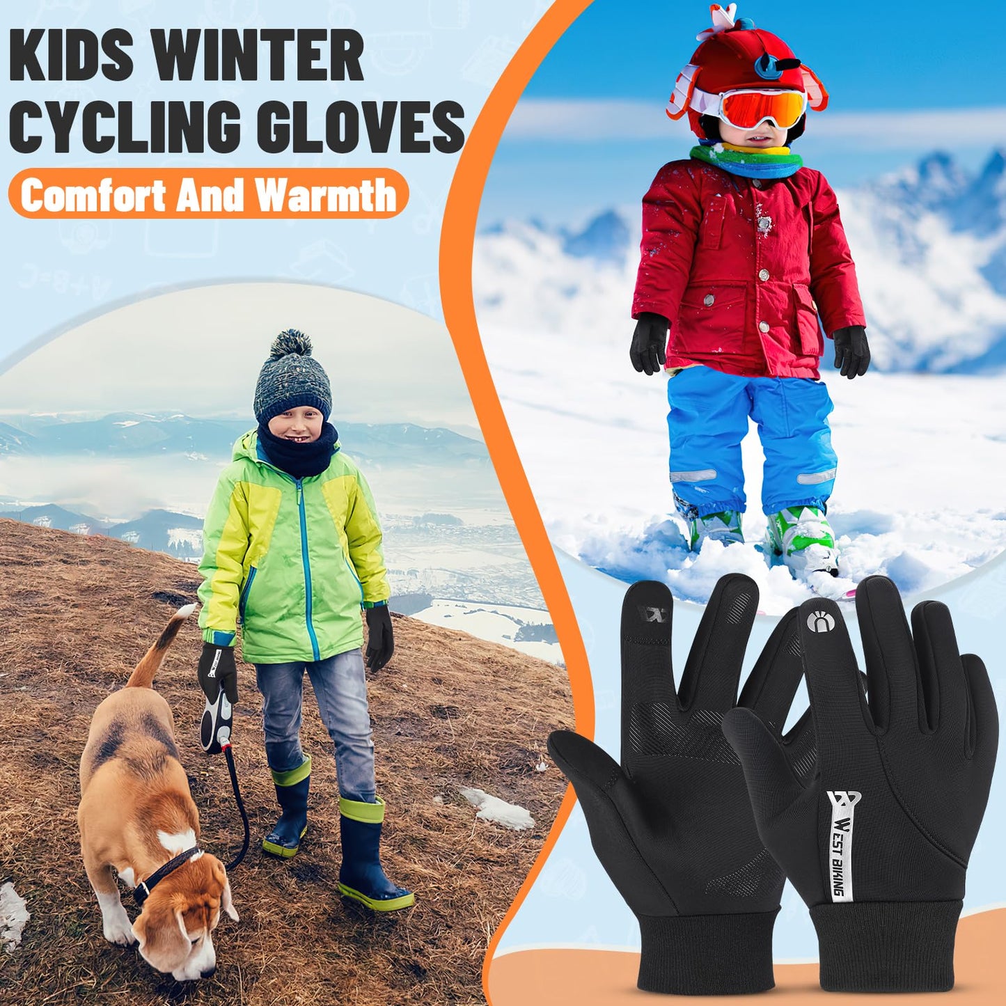 West Biking Kids Winter Gloves Touchscreen Cycling Gloves Windproof Thermal Non-Slip Sports Kids Gloves Cold Weather Mittens of Age 2-12 for Cycling Bike Riding Hiking Outdoor Boys Girls