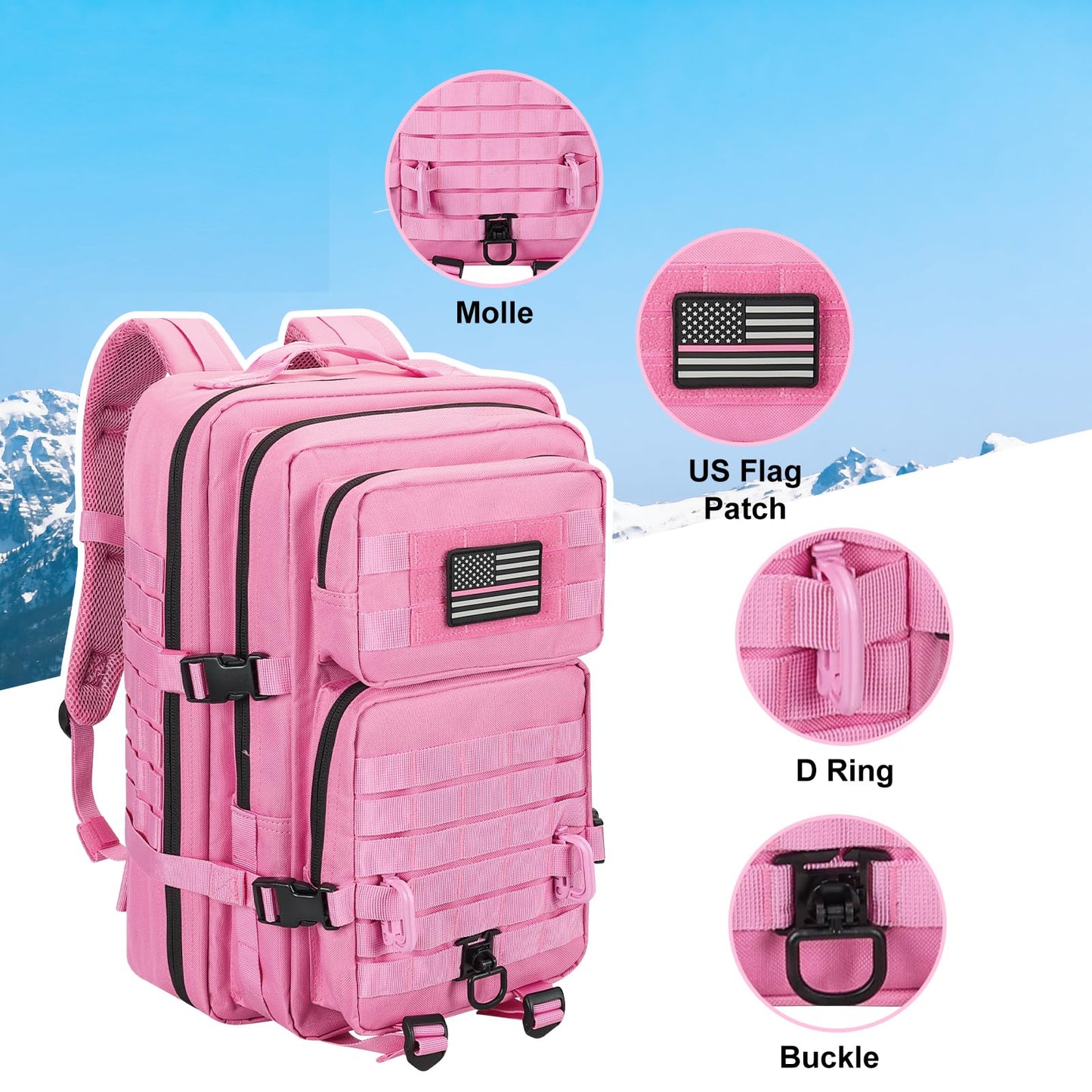 Hannibal Tactical MOLLE Assault Backpack, Tactical Backpack Military Army Camping Rucksack, 3-Day Pack Trip w/USA Flag Patch, D-Rings, Pink