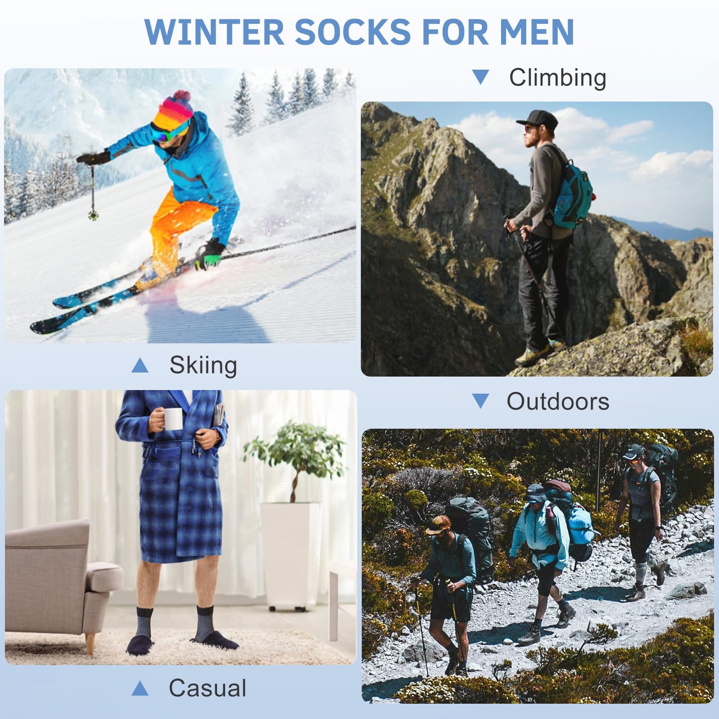 ATTIQOZI 6 Pairs Men's Merino Wool Crew Socks - Thermal Winter Warm Breathable Cozy Cold Weather Hiking Socks for Men 6 Gray 12-15