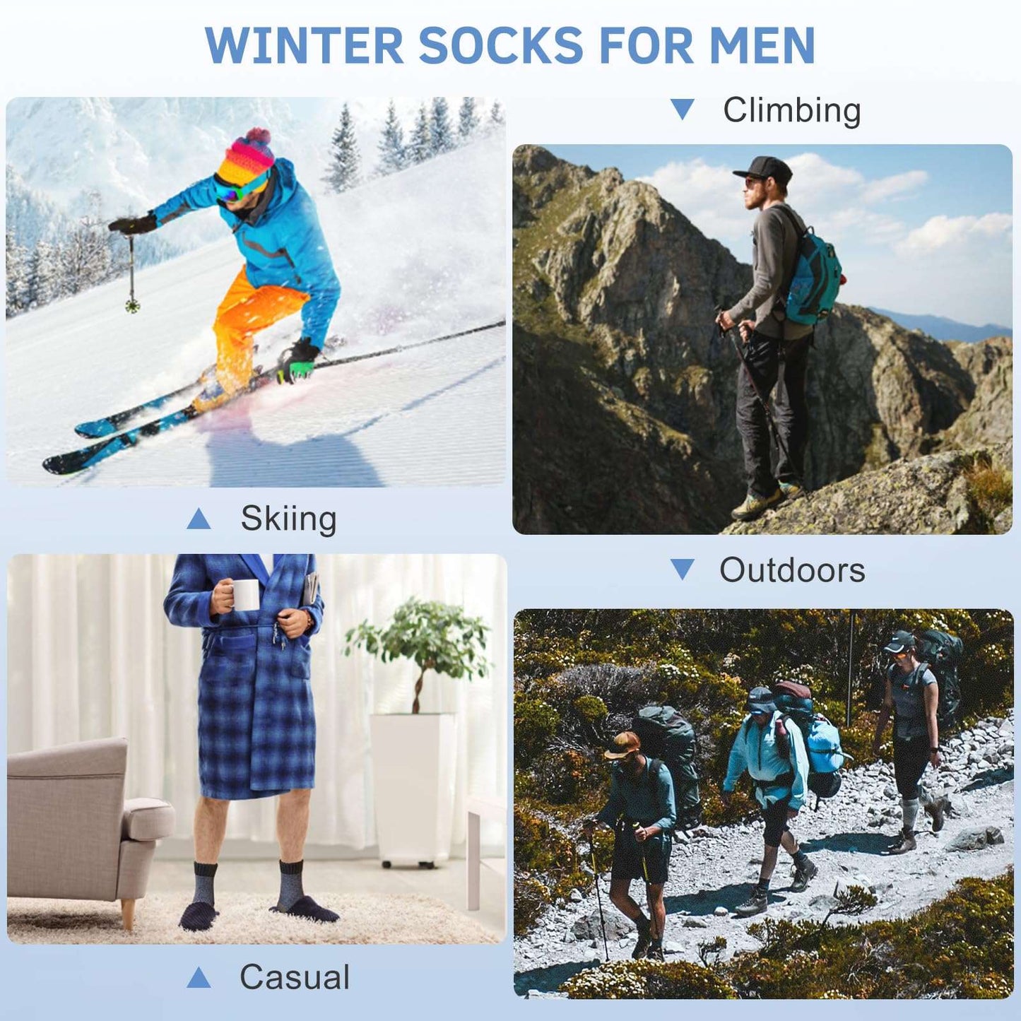 ATTIQOZI 6 Pairs Men's Merino Wool Crew Socks - Thermal Winter Warm Breathable Cozy Cold Weather Hiking Socks for Men 6 Gray 12-15