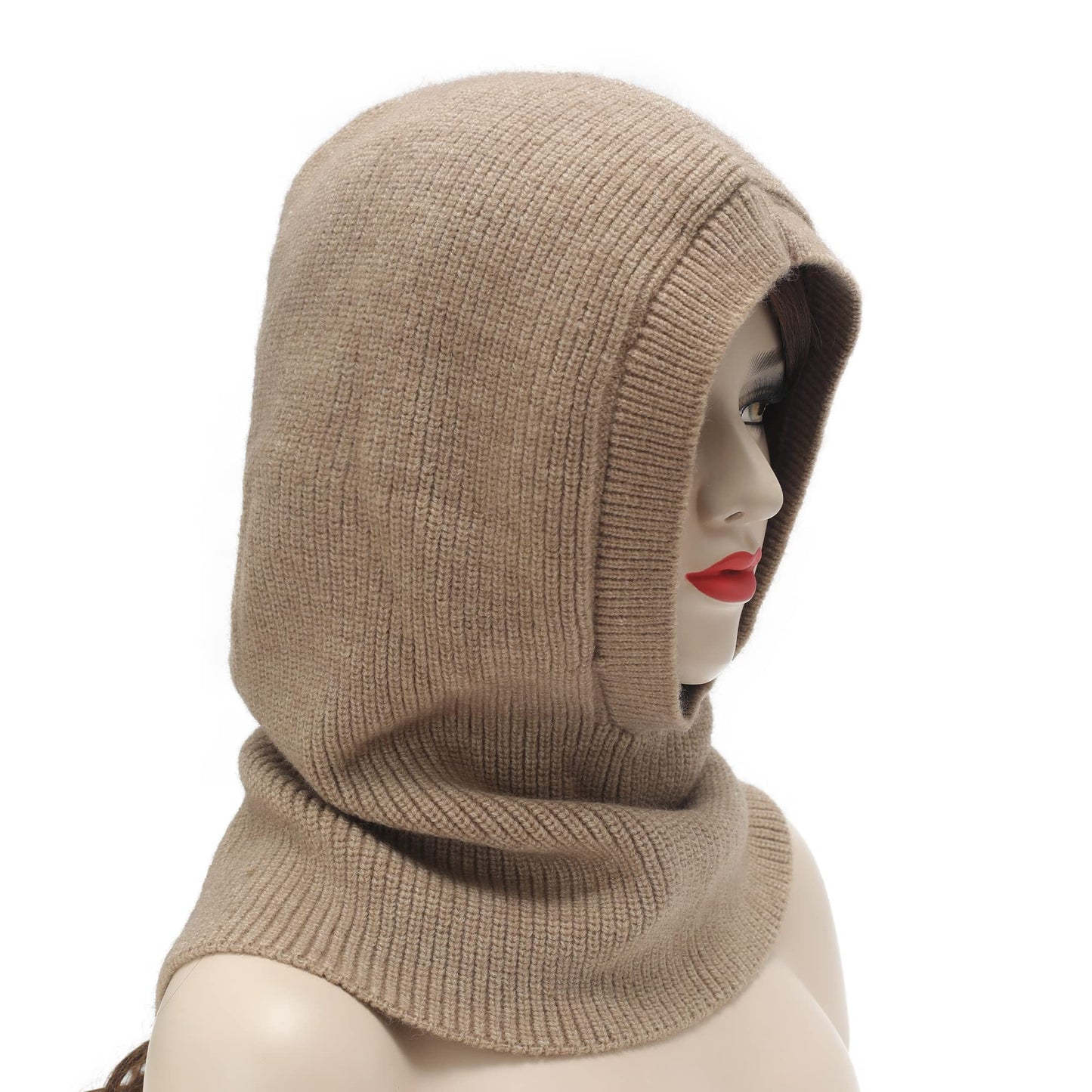 ZLYC Winter Knitted Winter Hat Windproof Hooded Scarf Balaclava Beanie Hat for Women (Solid Tan)