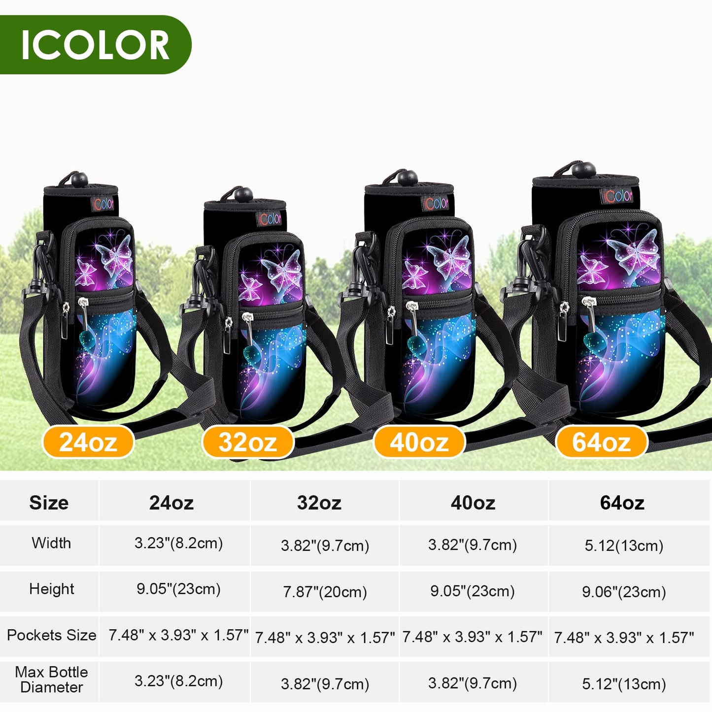 icolor Water Bottle Carrier Bag Holder 25/32/40/64oz,Adjustable Padded Shoulder & Handle Strap Sports Sling Hiking Pack,Insulated Neoprene Wide Mouth Bottle Sleeve