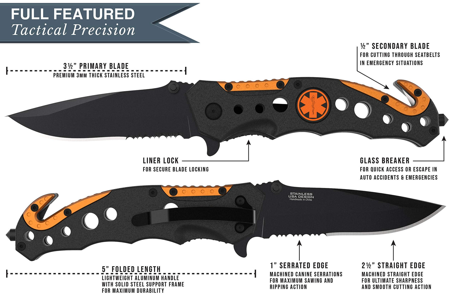 Swiss Safe 3-in-1 Tactical Knife for Military and First Responders - EMT Orange