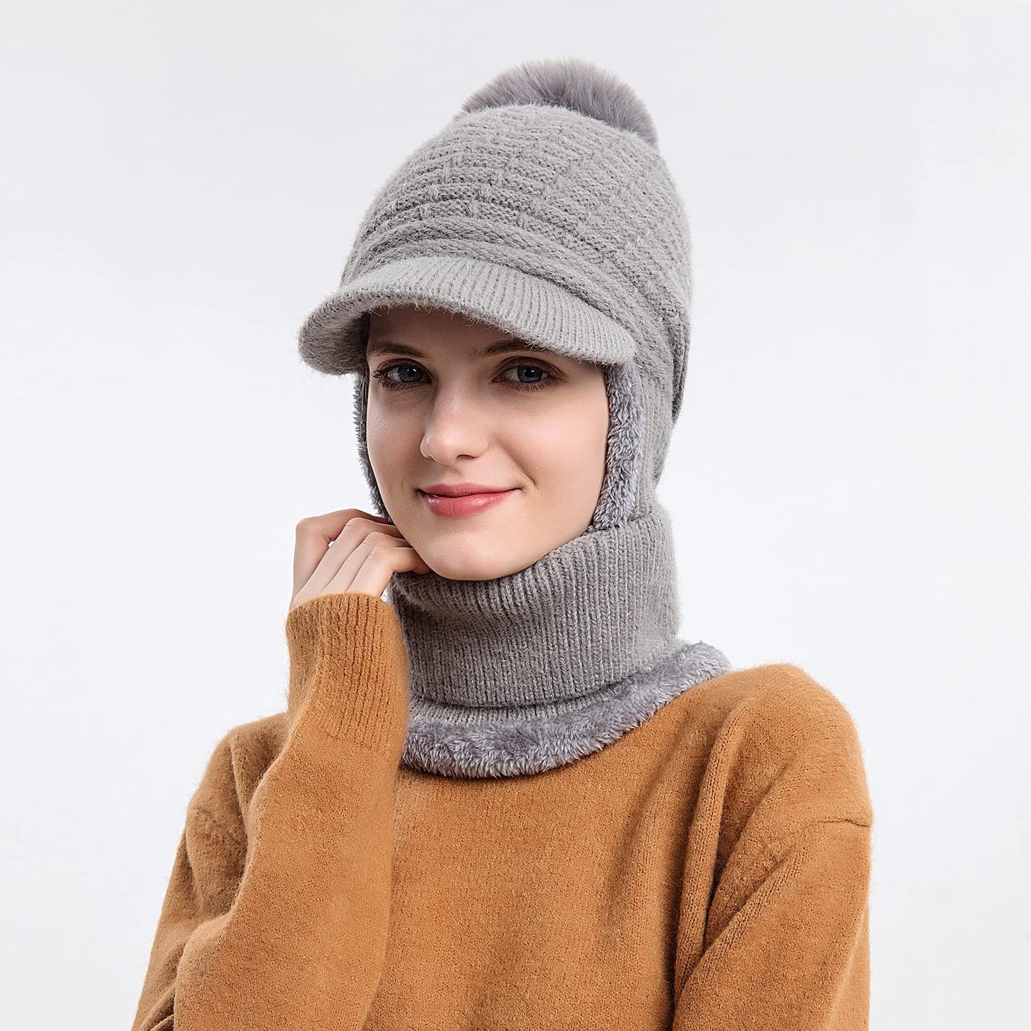 Fleece Lined Womens Beanie Knit Hat,Winter Scarf Mask Set for Women,Girls Snow Caps Earmuffs Hats with Pom (Grey)