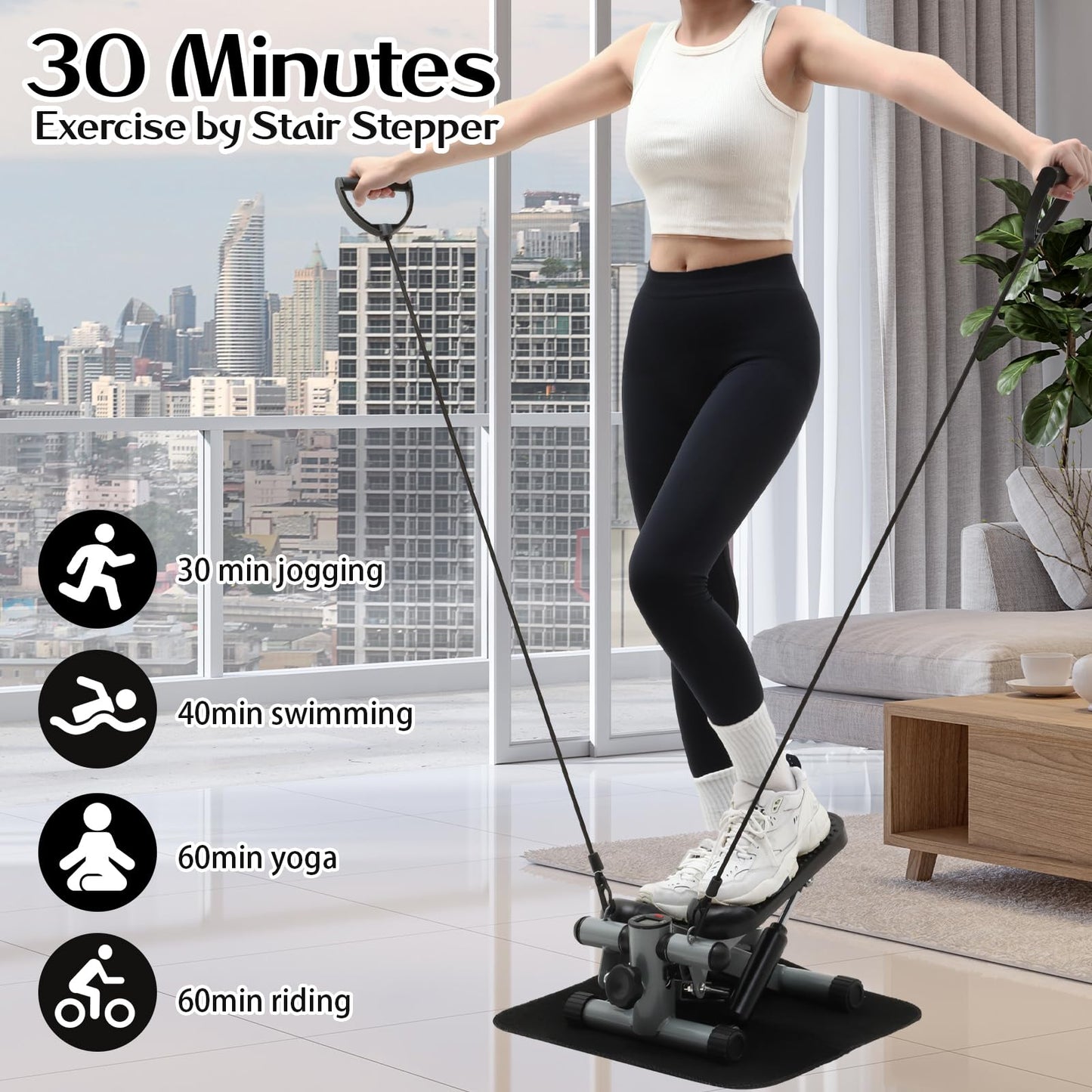 Lemosae Steppers for Exercise Fitness Stair Stepper with 300 lb Loading Capacity Mini Stepper Stair with LCD Monitor and Resistance Bands Adjustable for Home Office Workouts (Silver Gray)