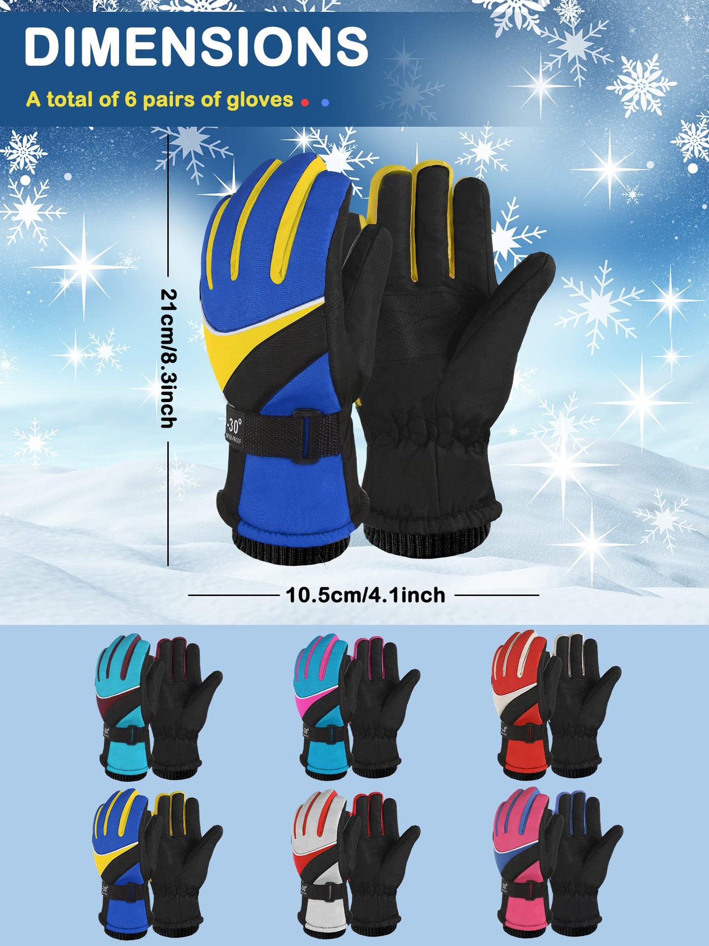 Newcotte Kids Winter Snow Ski Waterproof Gloves Warm Windproof Outdoor Sports Gloves Anti Water Ice Skating Snowboard Gloves for Girls Boys(Vivid Color, 6 Pairs)