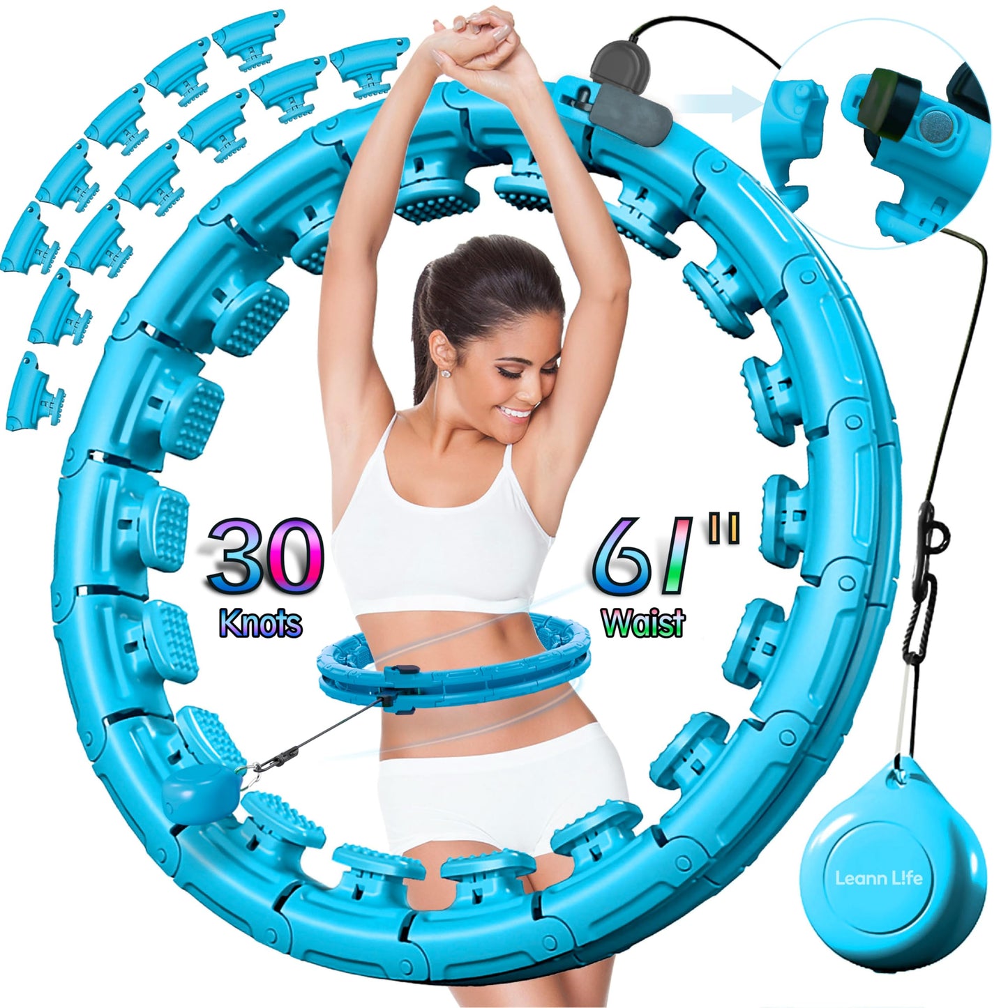 Leann L!fe U1-30 Knots Waist 61”, Magnetic Lock Smart Weighted Hula Hoop for Adults Weight Loss, Infinity Hoop Plus Size, Children Adult Home Outdoors, Fitness Exercise, Abdominal Toner, Blue