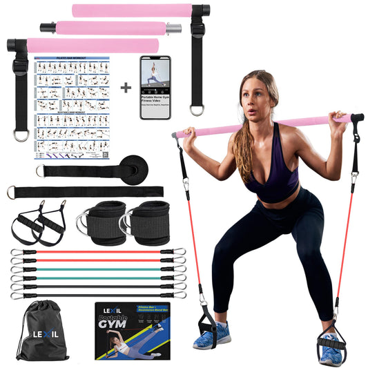 LEXIL Pilates Bar Exercise Kit-Stackable 3 Pairs of Resistance Bands (15, 20, 30LB) - Home Gym Equipment for Men and Women, Workout Kit for Body Toning,with Fitness Video（Pink）