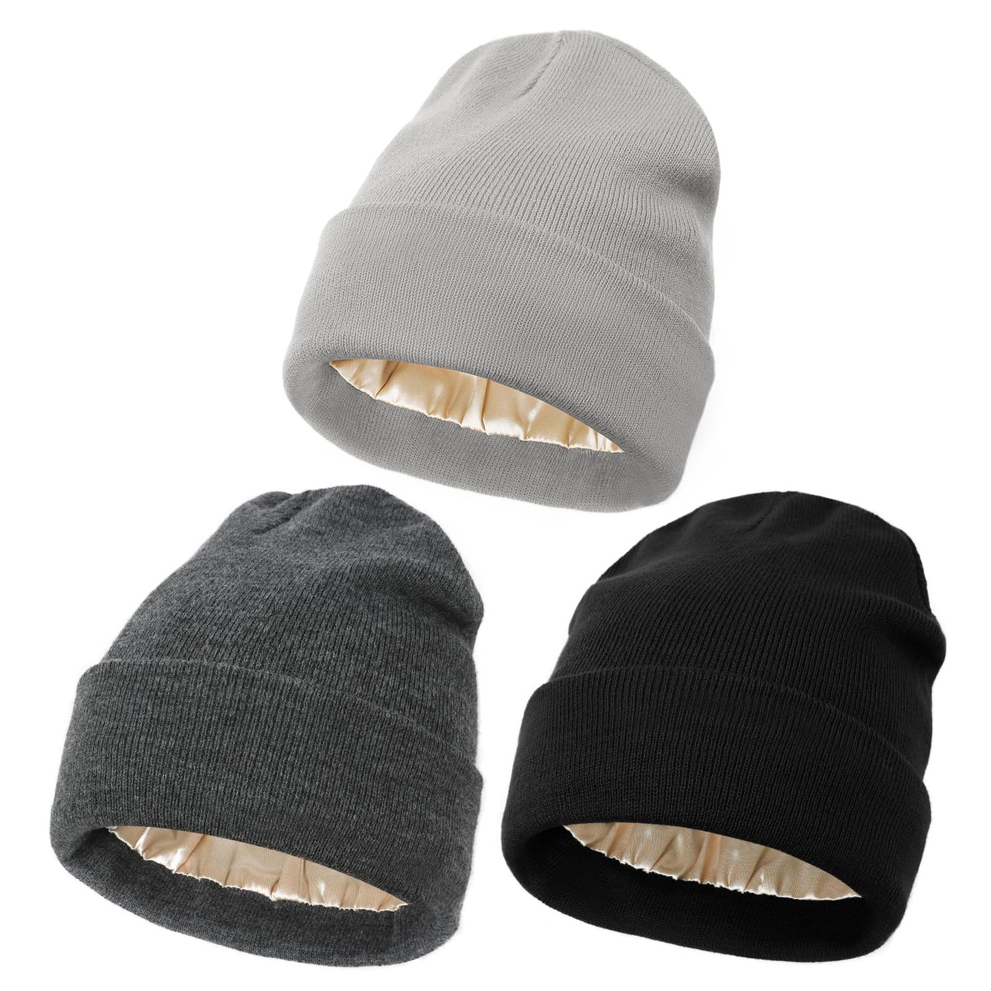 KUIRAN 3 Pack Satin Lined Beanie Hats for Women Men Knit Acrylic Beanie Winter Hat Silk Lining