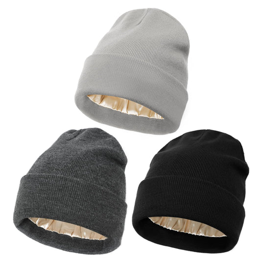 KUIRAN 3 Pack Satin Lined Beanie Hats for Women Men Knit Acrylic Beanie Winter Hat Silk Lining