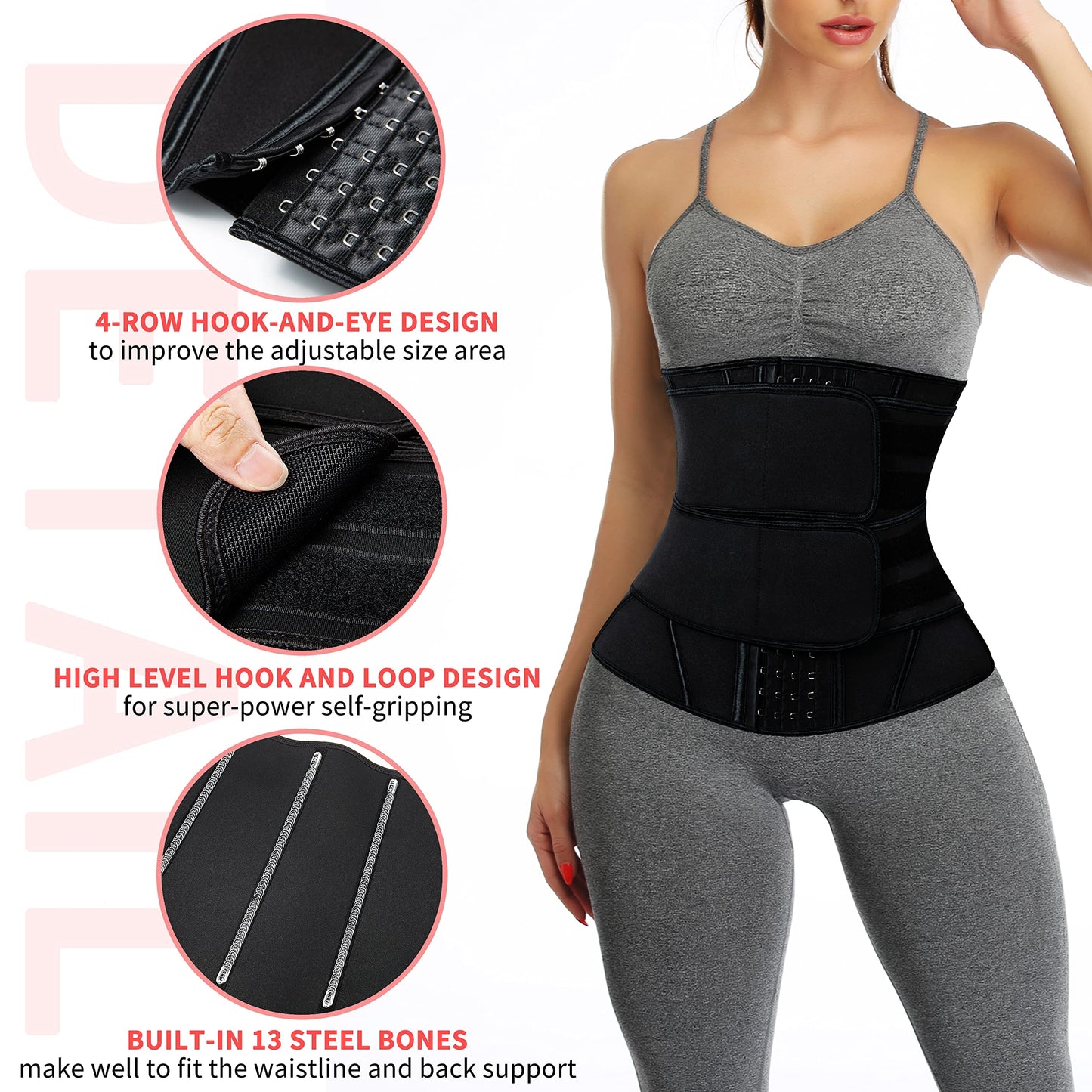KIWI RATA Neoprene Sauna Waist Trainer Corset Sweat Belt with 2 Straps for Women X-bones Compression Workout Fitness Double Cincher Belts,#3 Hooks Black,X-Small