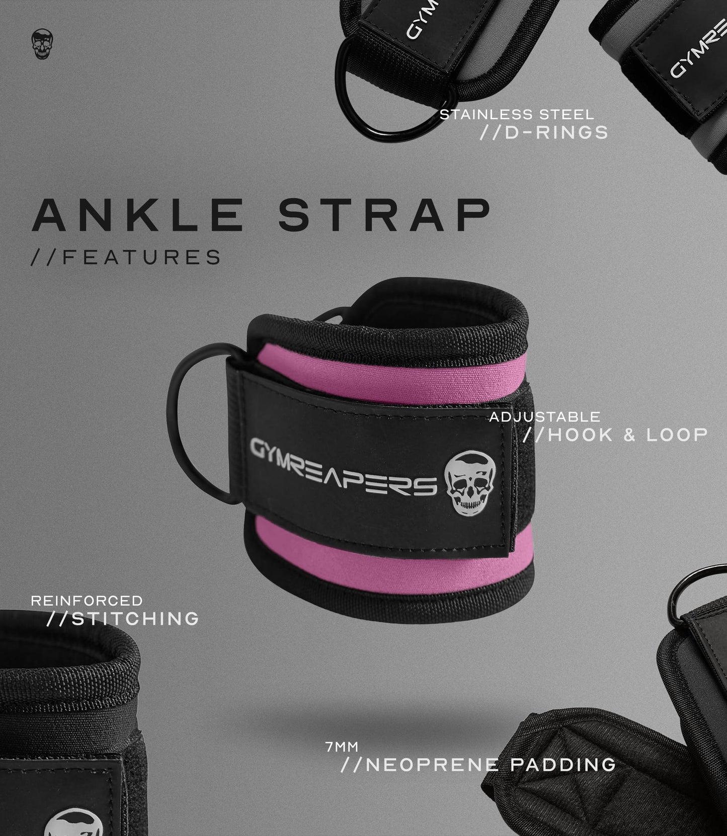 Gymreapers Ankle Straps (Pair) For Cable Machine Kickbacks, Glute Workouts, Lower Body Exercises - Adjustable Leg Straps with Neoprene Padding (Pink, Pair)