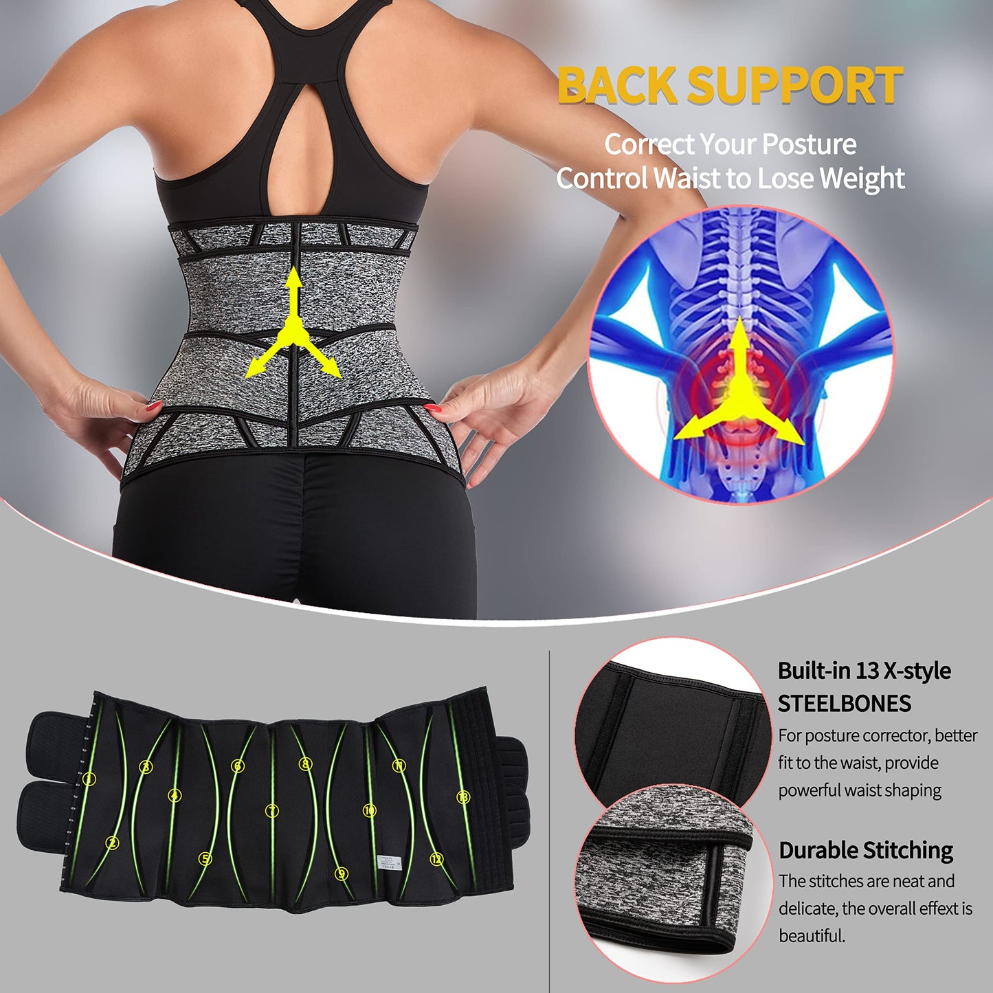 KIWI RATA Neoprene Sauna Waist Trainer Corset Sweat Belt with 2 Straps for Women X-bones Compression Workout Fitness Double Trimmer Belts,#3 Hooks Grey,X-Small