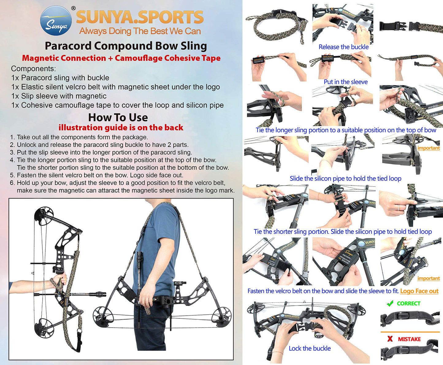 SUNYA Paracord Compound Bow Sling with V2 Upgraded Magnetic Connection System. Lightweight Hands Free Shoulder Carrying Sling for Bow Hunting, Field Archery and 3D (Bothrops)