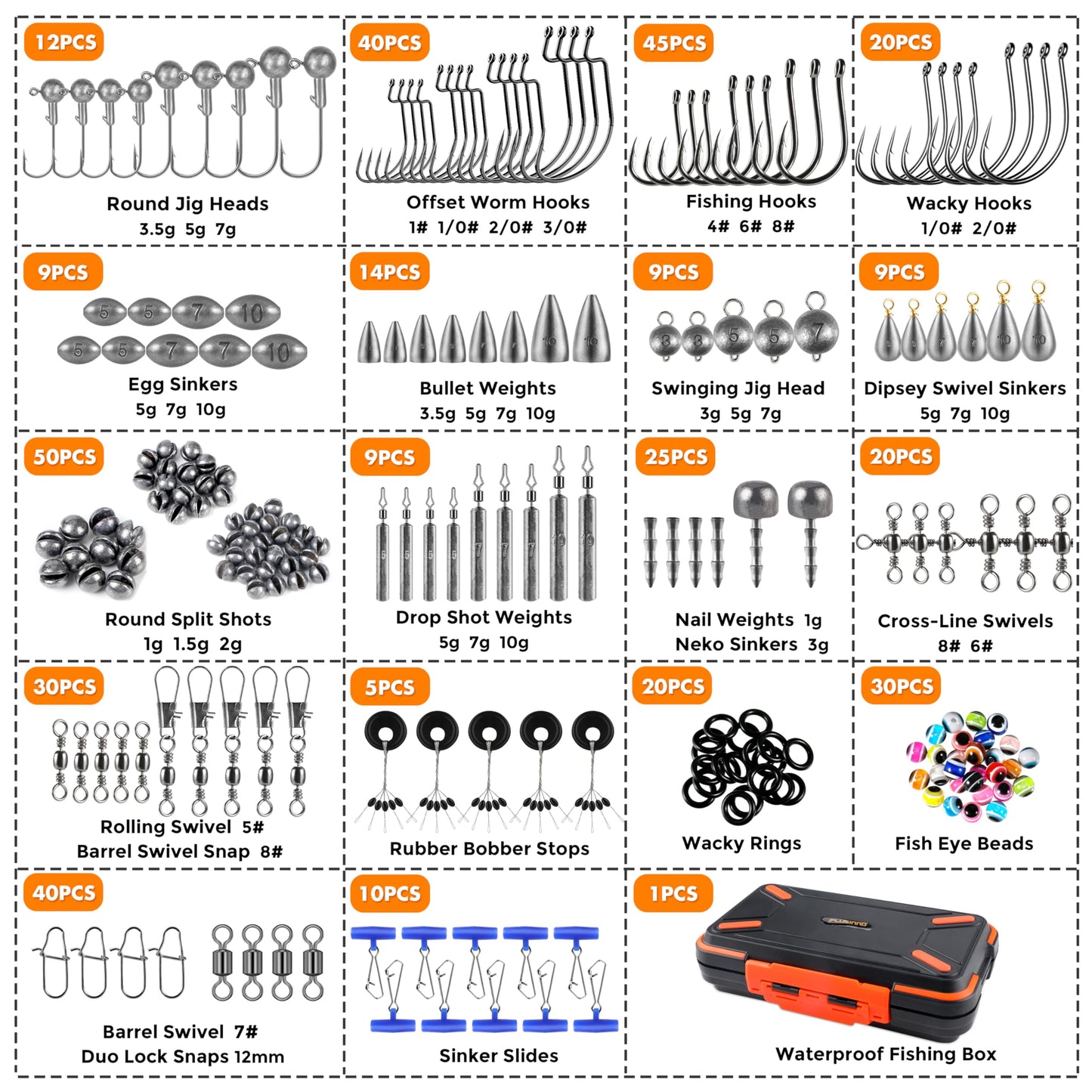 PLUSINNO 397pcs Fishing Accessories Kit, Fishing Tackle Box with Tackle Included, Hooks, Weights, Jig Heads, Swivels Snaps Combined into 12 Rigs, Fishing Gear Equipment for Bass