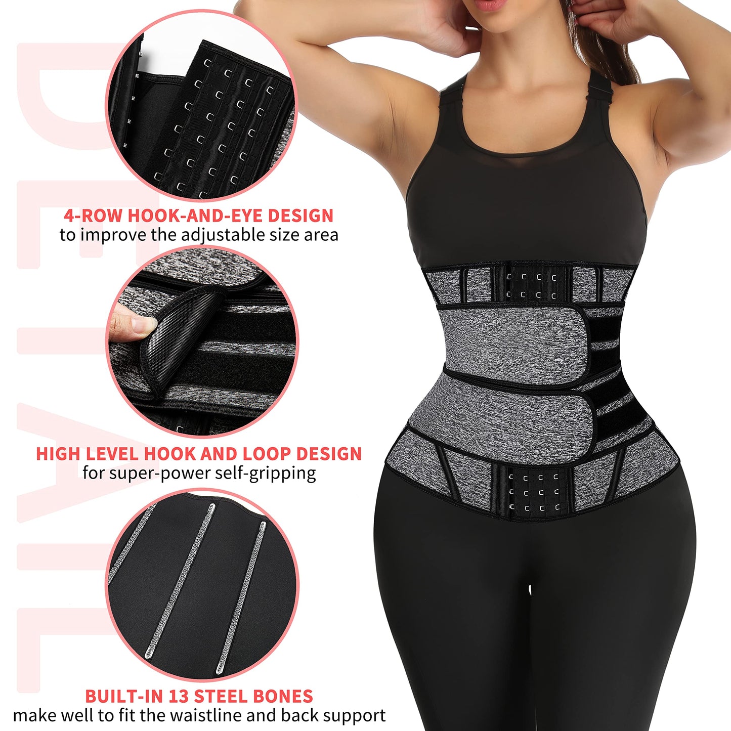 KIWI RATA Neoprene Sauna Waist Trainer Corset Sweat Belt with 2 Straps for Women X-bones Compression Workout Fitness Double Trimmer Belts,#3 Hooks Grey,X-Small