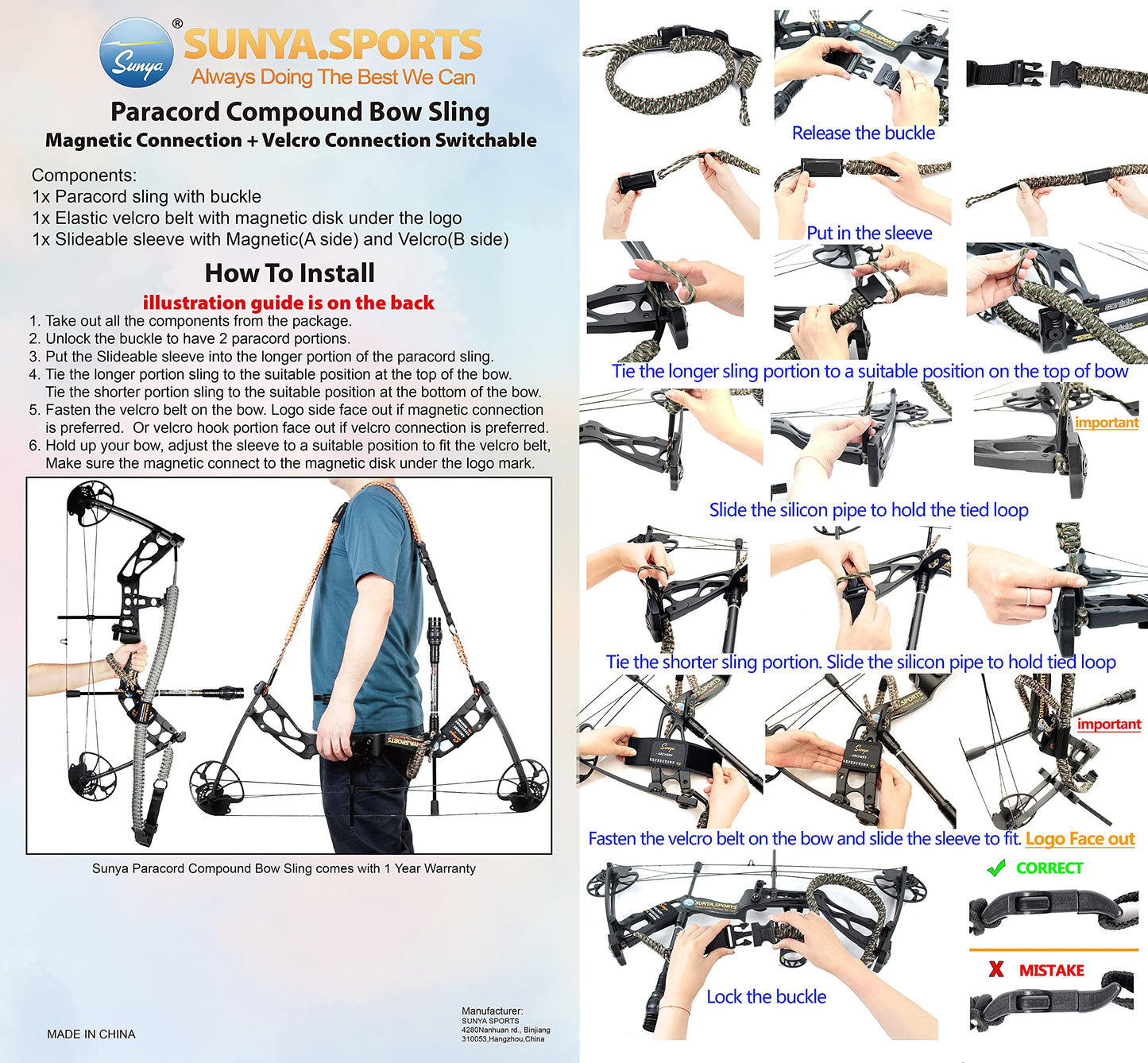 Sunya Paracord Compound Bow Sling with V2 Upgraded Magnetic Connection System. Lightweight Hands Free Shoulder Carrying Sling for Bow Hunting, Field Archery and 3D (Mathews Metal Green)