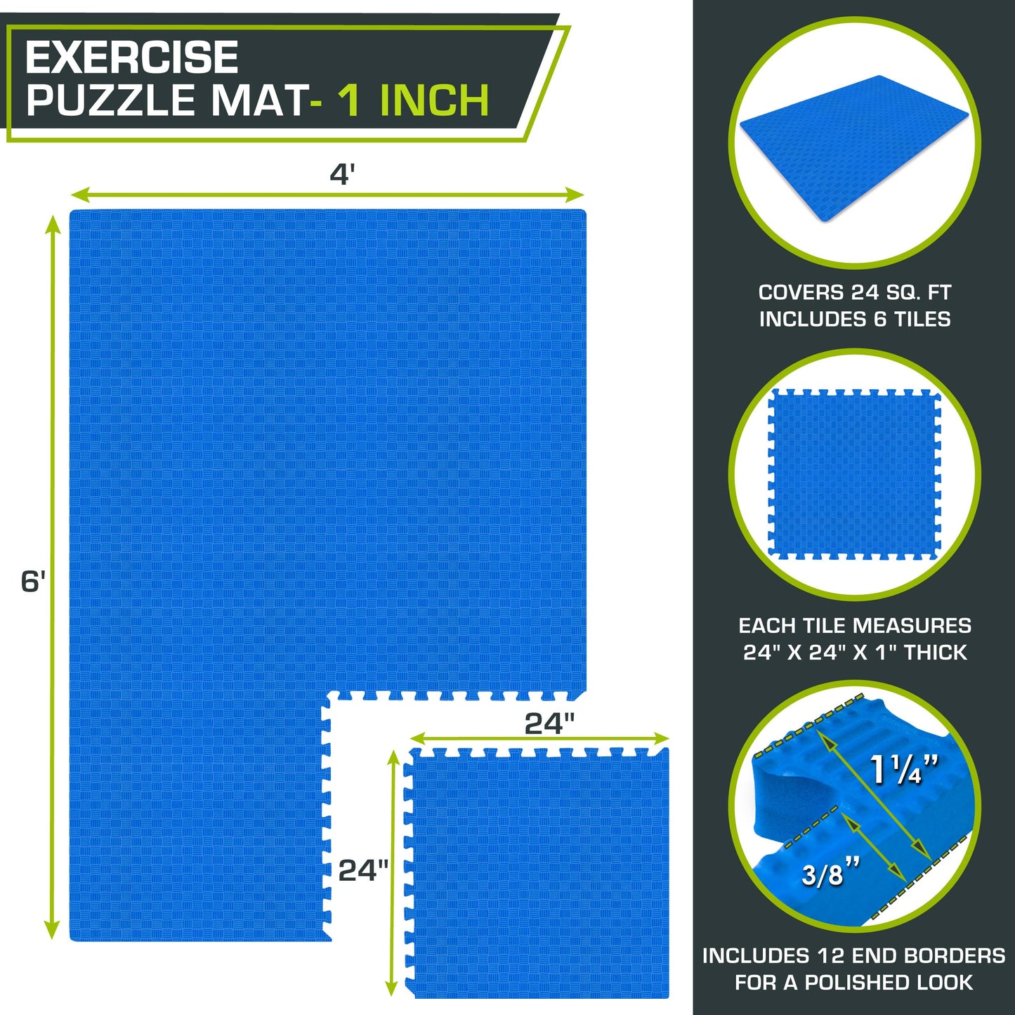 ProsourceFit Exercise Puzzle Mat 1-in, Checkered EVA Foam Floor Tiles w/Non-Slip Texture, Gym Mat w/Interlocking Foam Tiles for Adjustable Surface, Shock Absorbing, Waterproof Gym Flooring, Blue